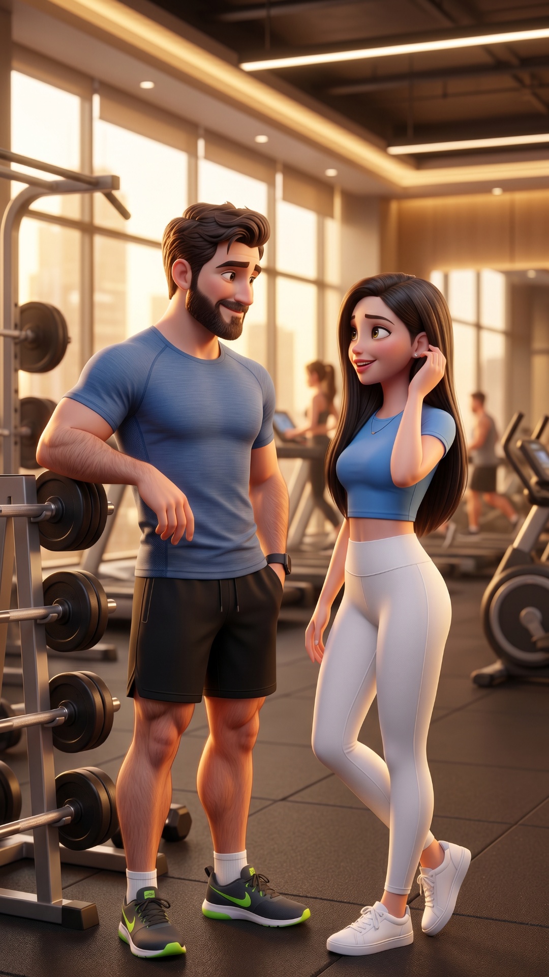 man and woman slightly shifting weight, subtle breathing, eye contact, girl gently touches her ha...