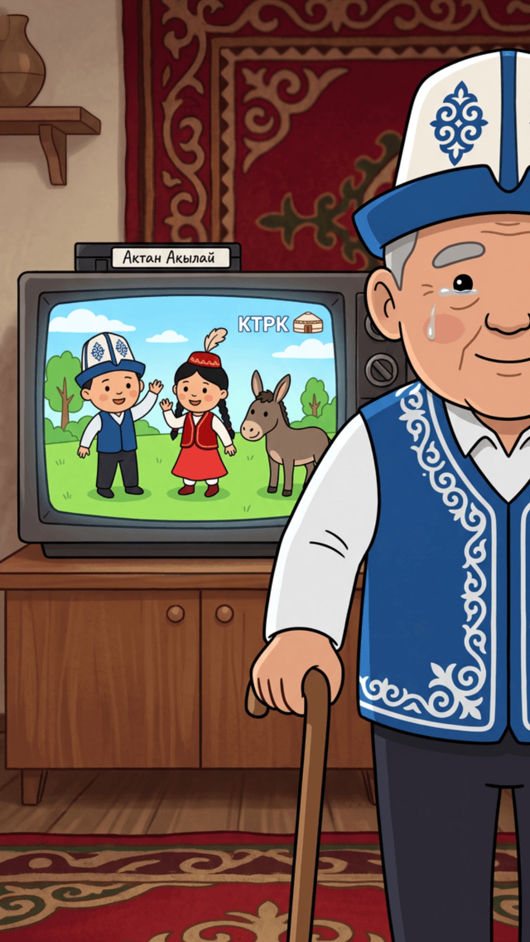 A 2D animated scene in the style of a 2000s Kyrgyz children's cartoon.

Setting:
Interior of a...