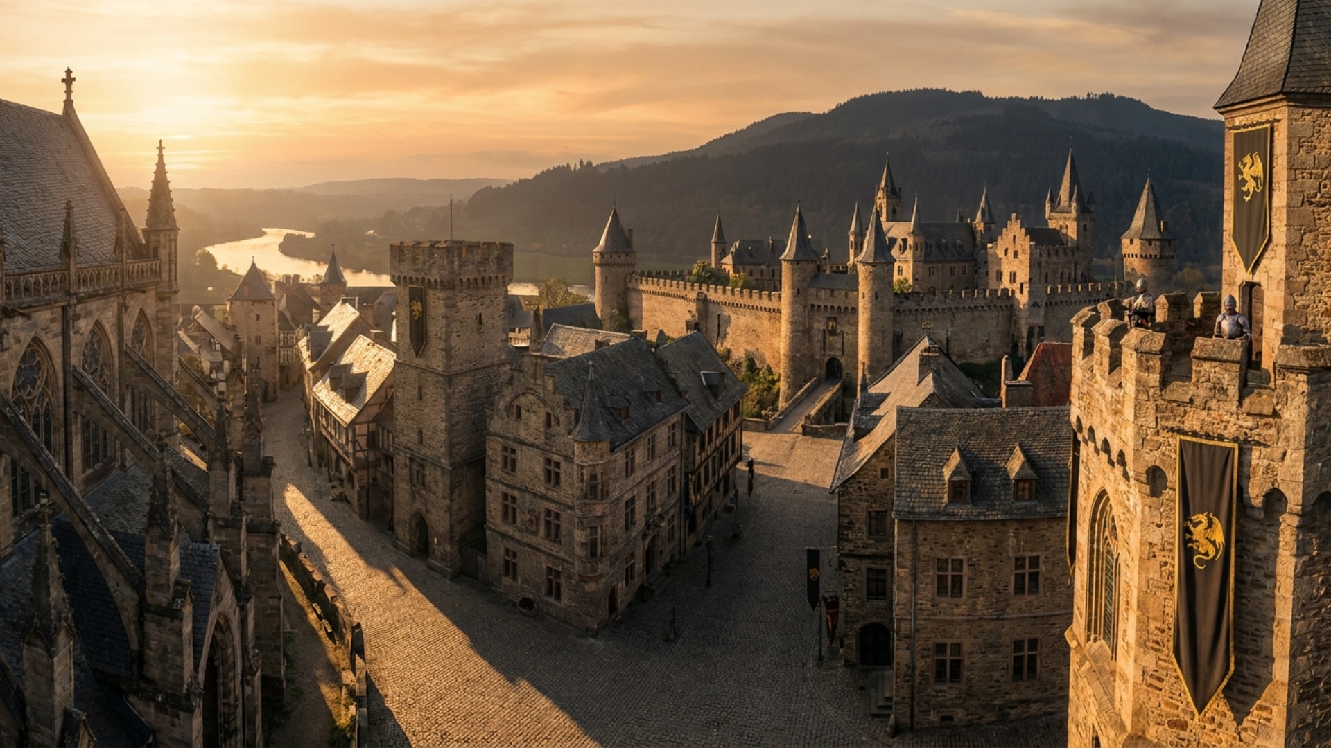 A breathtaking, cinematic panorama view of a massive medieval city in Camelot. The architecture s...