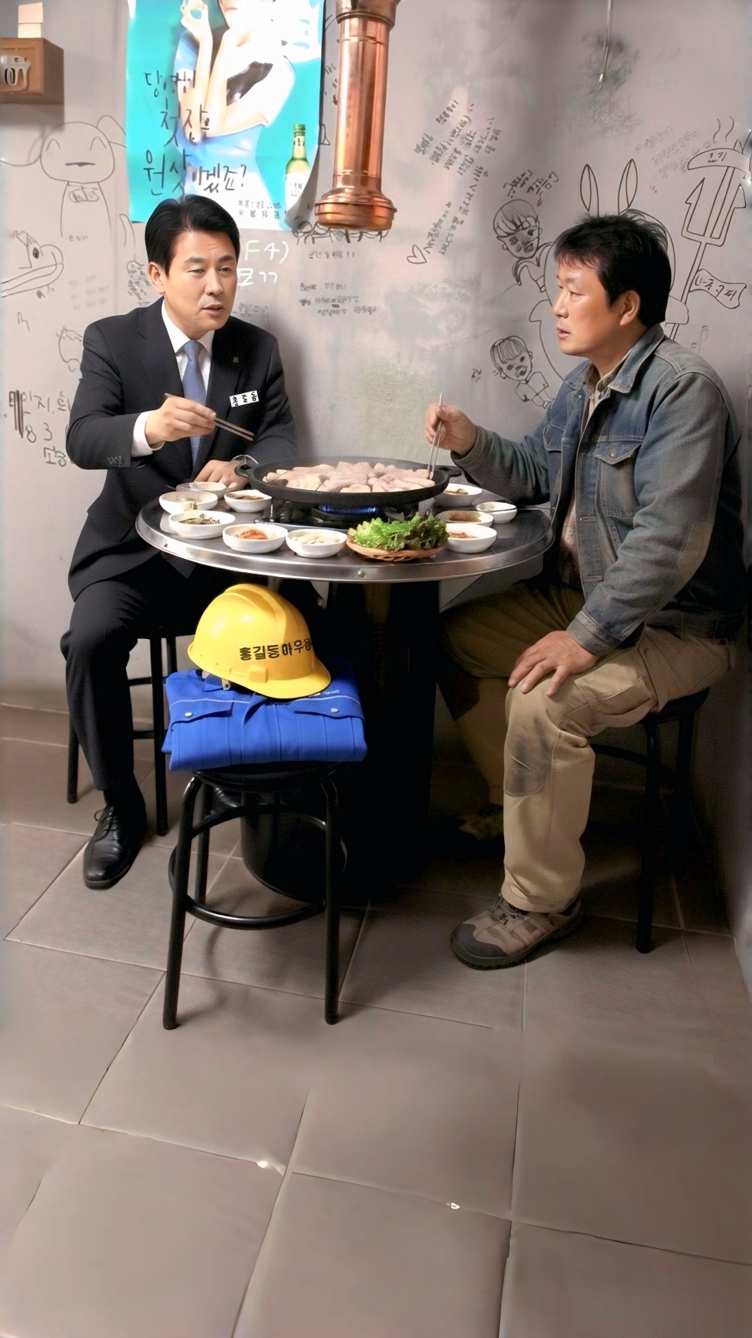 A hyper-realistic scene inside a small Korean restaurant.
Two Korean men sit at a round metal tab...