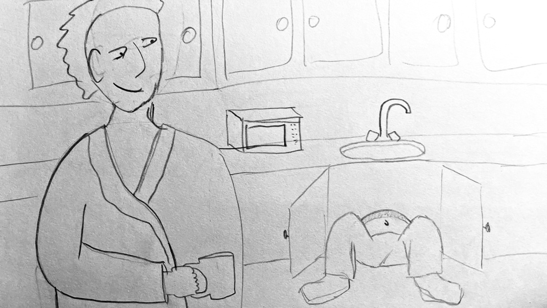 A hand-drawn pencil sketch animation of a simple kitchen scene. A confident man is standing and s...