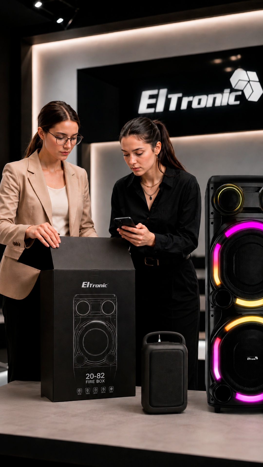 Vertical 9:16 video. Two women quickly replace a product box with a clean black Eltronic box. The...