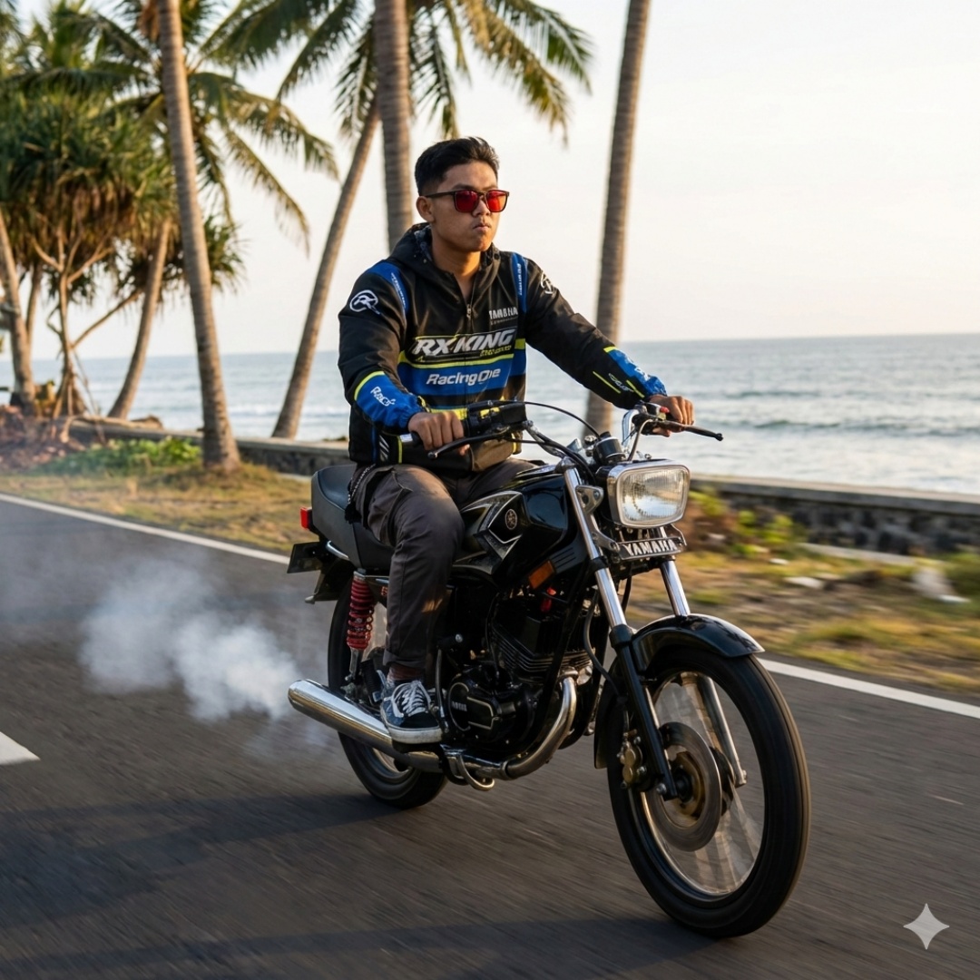 Cinematic tracking shot of a man riding a classic motorcycle on a coastal road, smooth control, c...