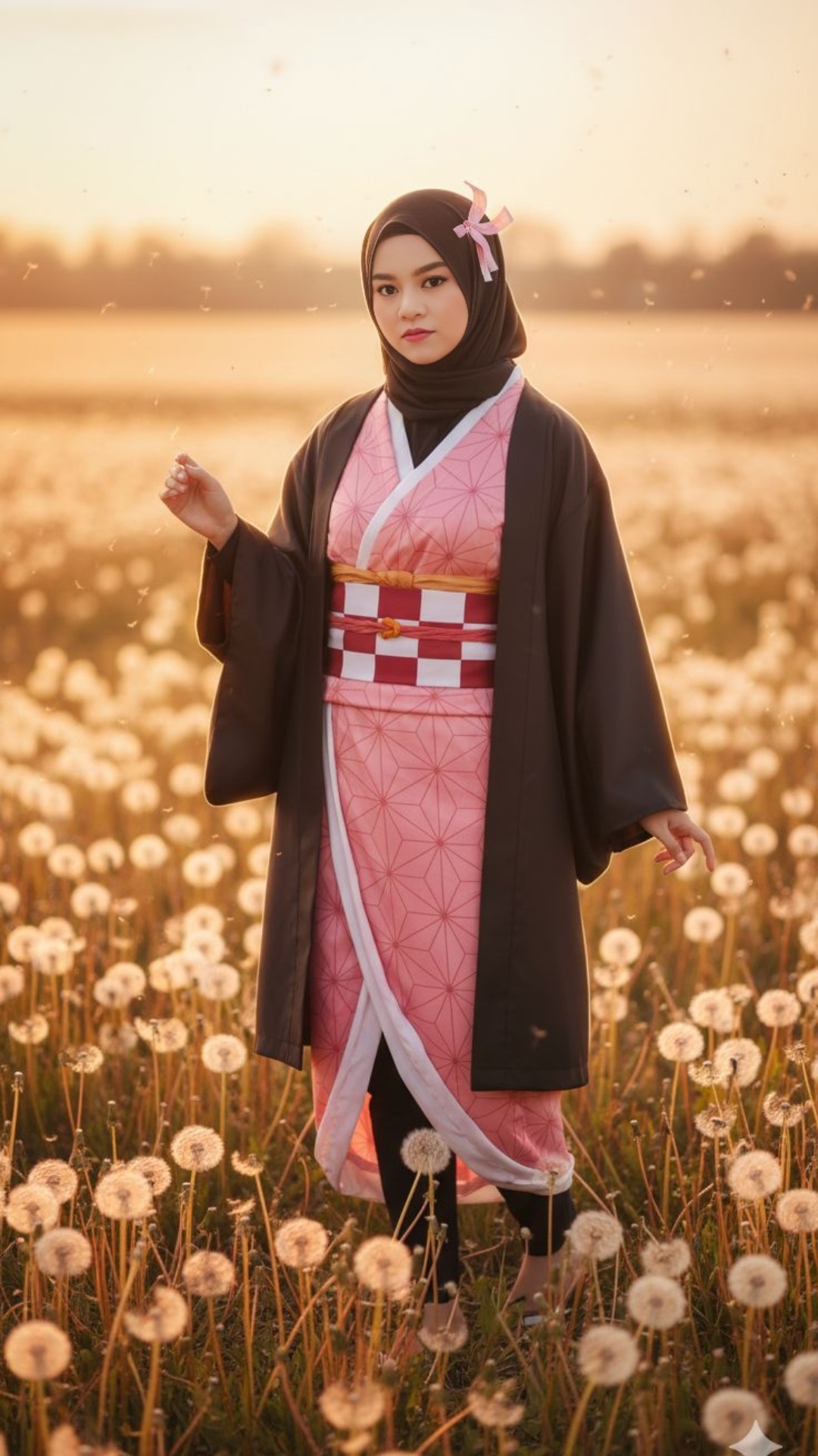 Seorang wanita berhijab dengan cosplay kimono pink berdiri anggun di tengah padang dandelion saat...