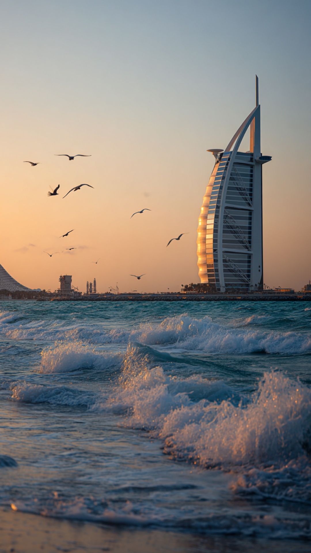 Epic cinematic shot of Burj Al Arab during sunrise, golden light reflecting on the ocean, deep bl...