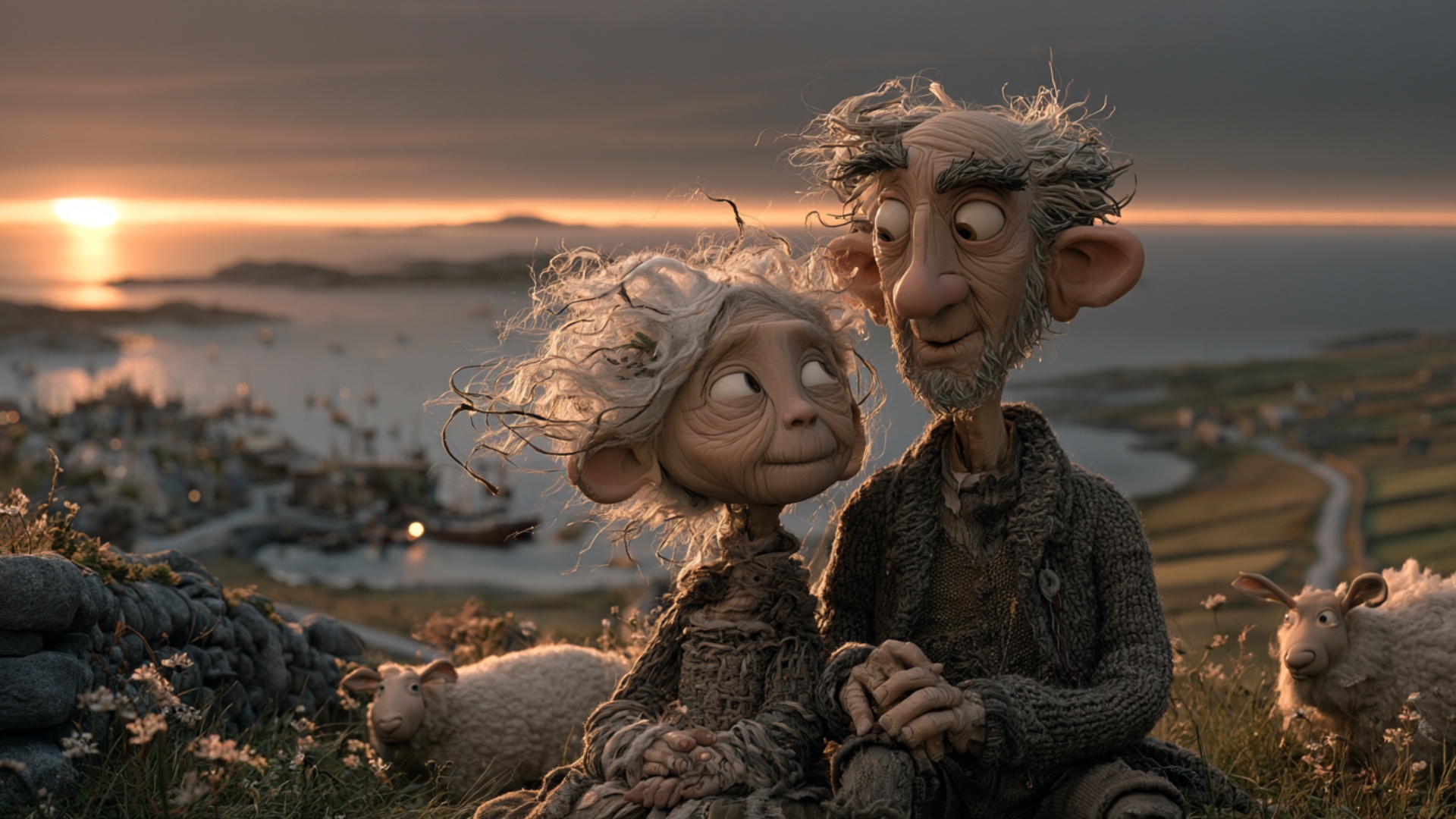 The elderly couple remains seated closely together on the hillside. The woman slowly leans her he...