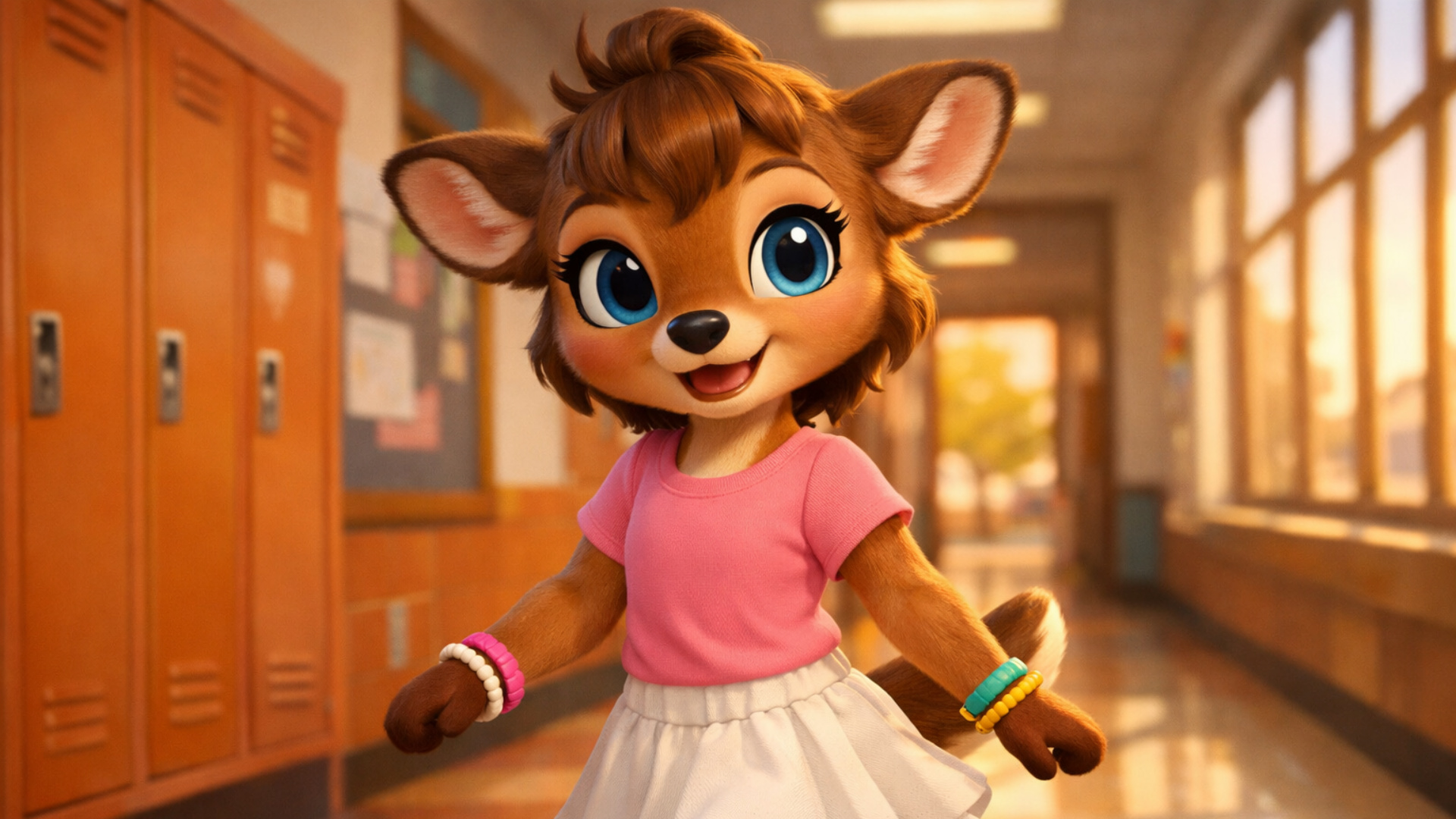 3d fluid expressive animation of anthro female deer kid walking happily and giggling