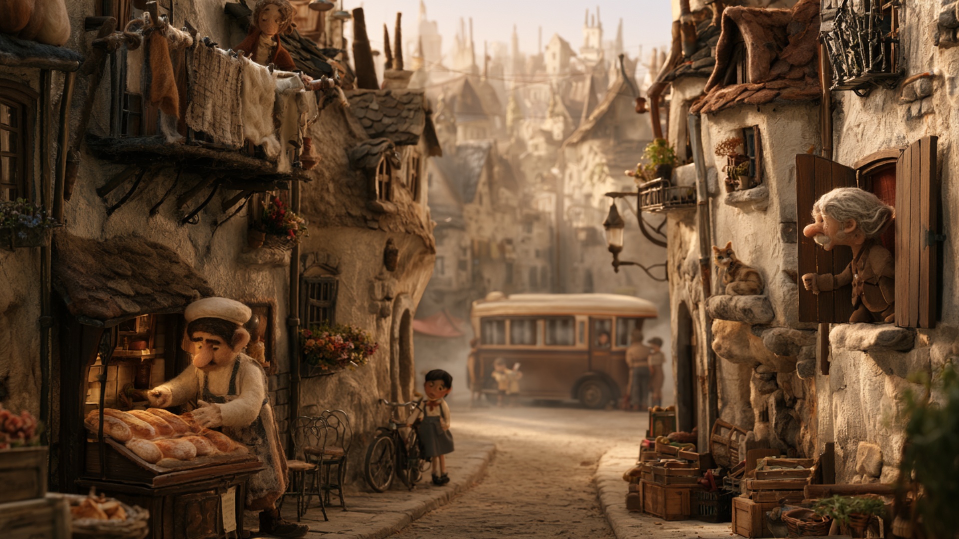 The handcrafted town wakes into busy morning life. The baker in the foreground lifts one fresh lo...