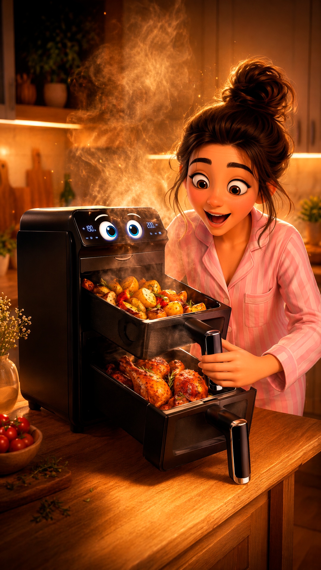 Hero shot.

The anthropomorphic air fryer remains the only subject.

Soft steam appears aroun...