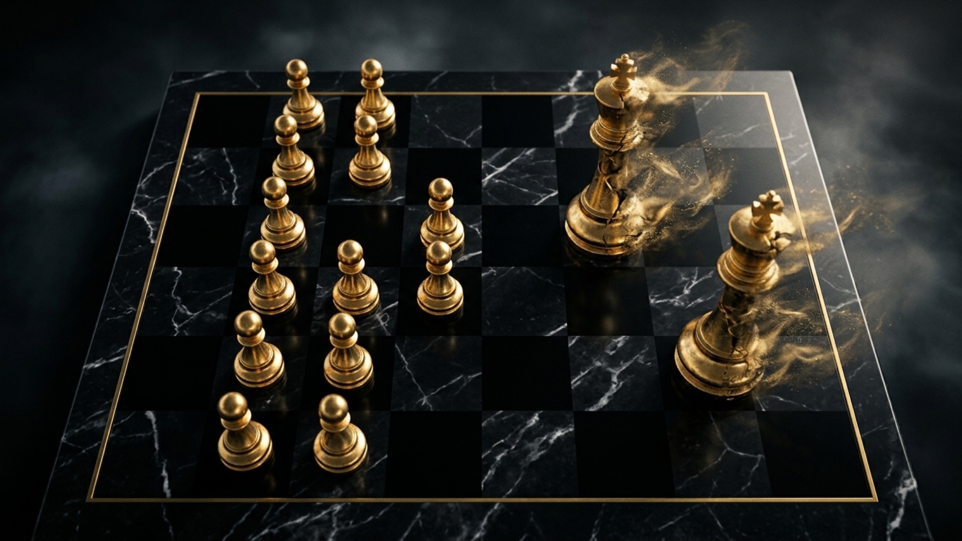 On a luxurious black marble chessboard, elegant golden pawns gradually multiply while large golde...