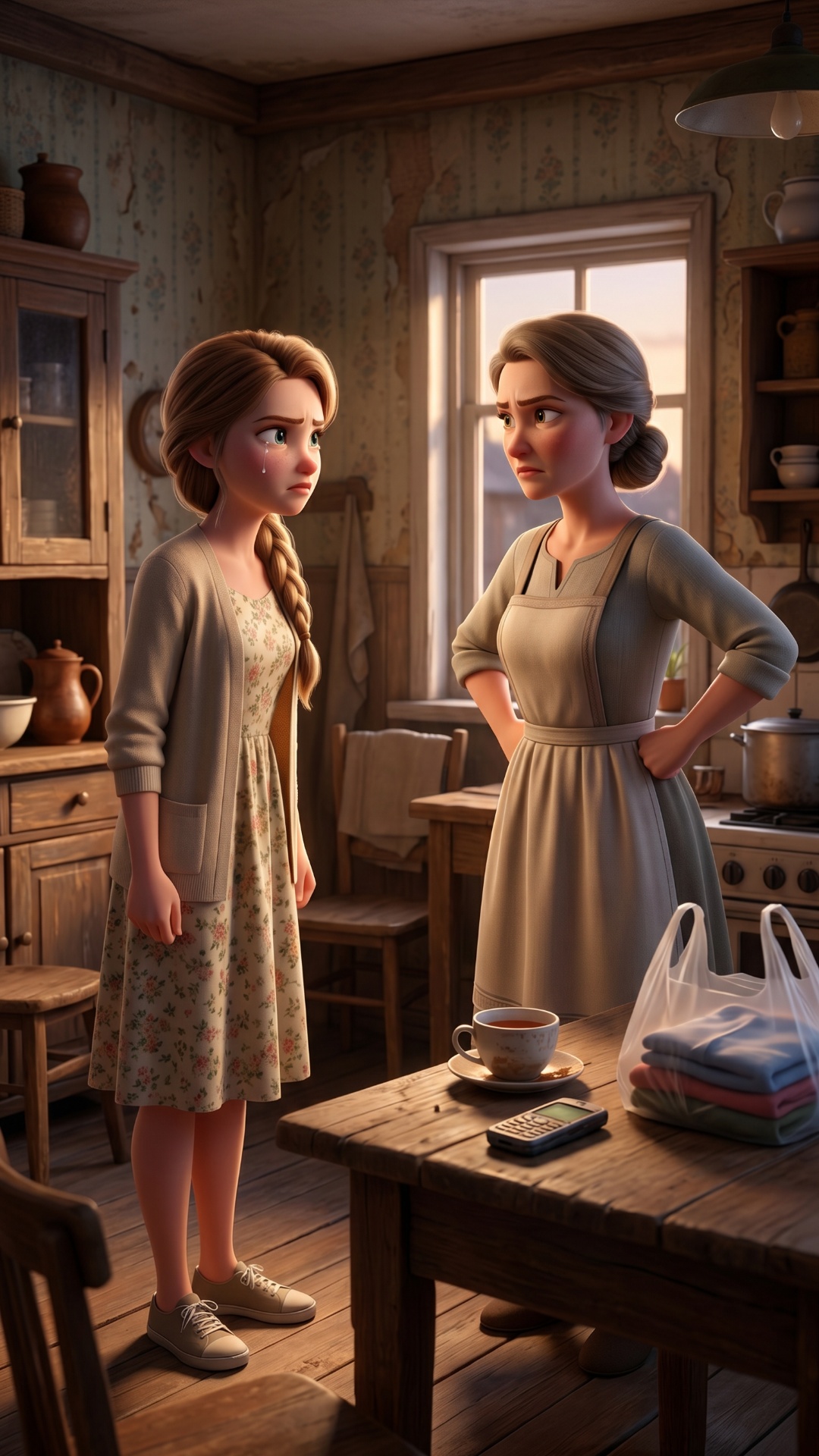 The camera slowly pushes in.

Only two people are present.

The girl (Evdokia) speaks first i...