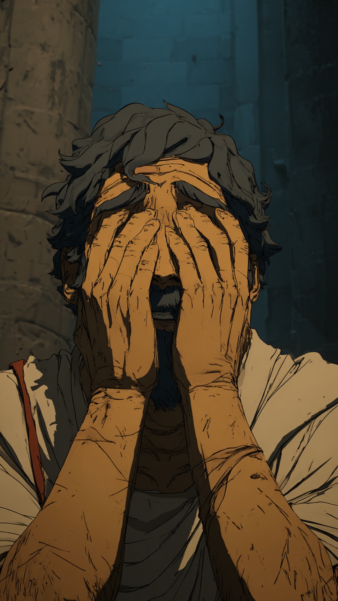 camera slowly zooms in, a man covers his face with his hands