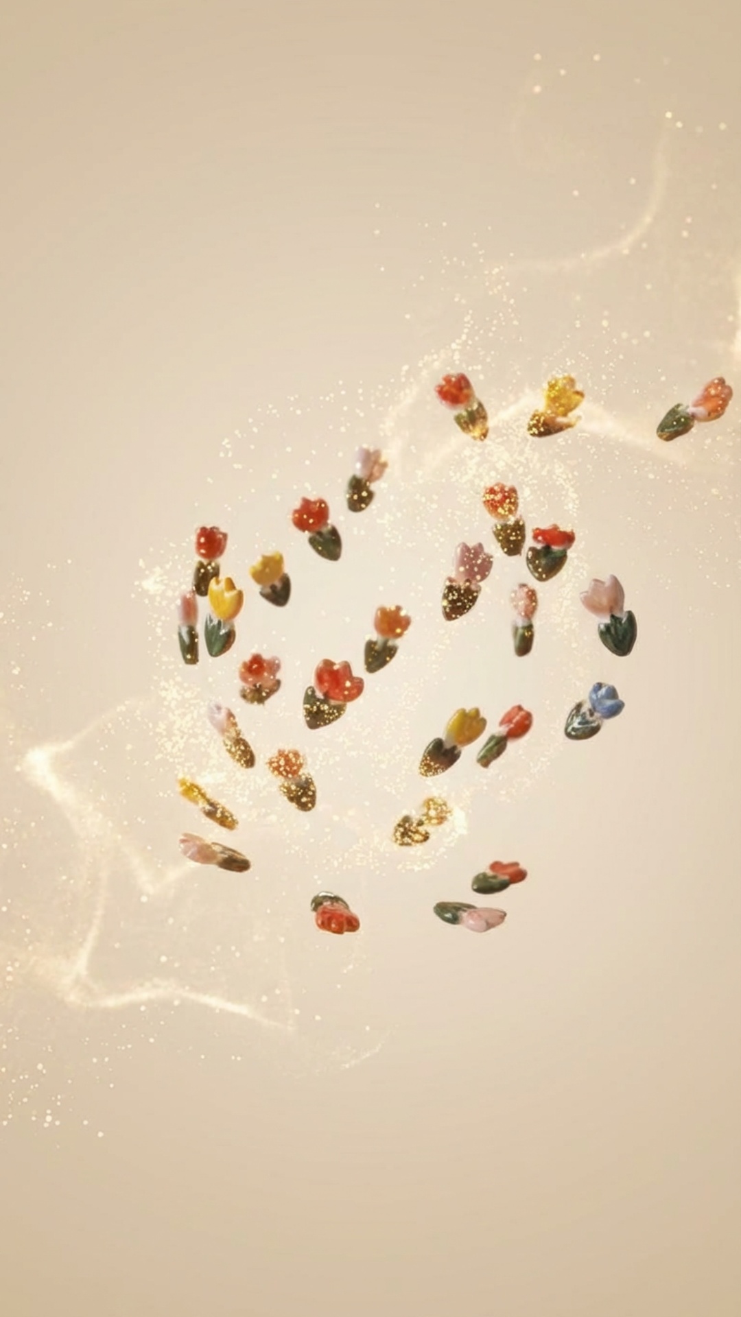 Smooth magical morphing transition: flying realistic tulips gradually simplify, flatten, and tran...