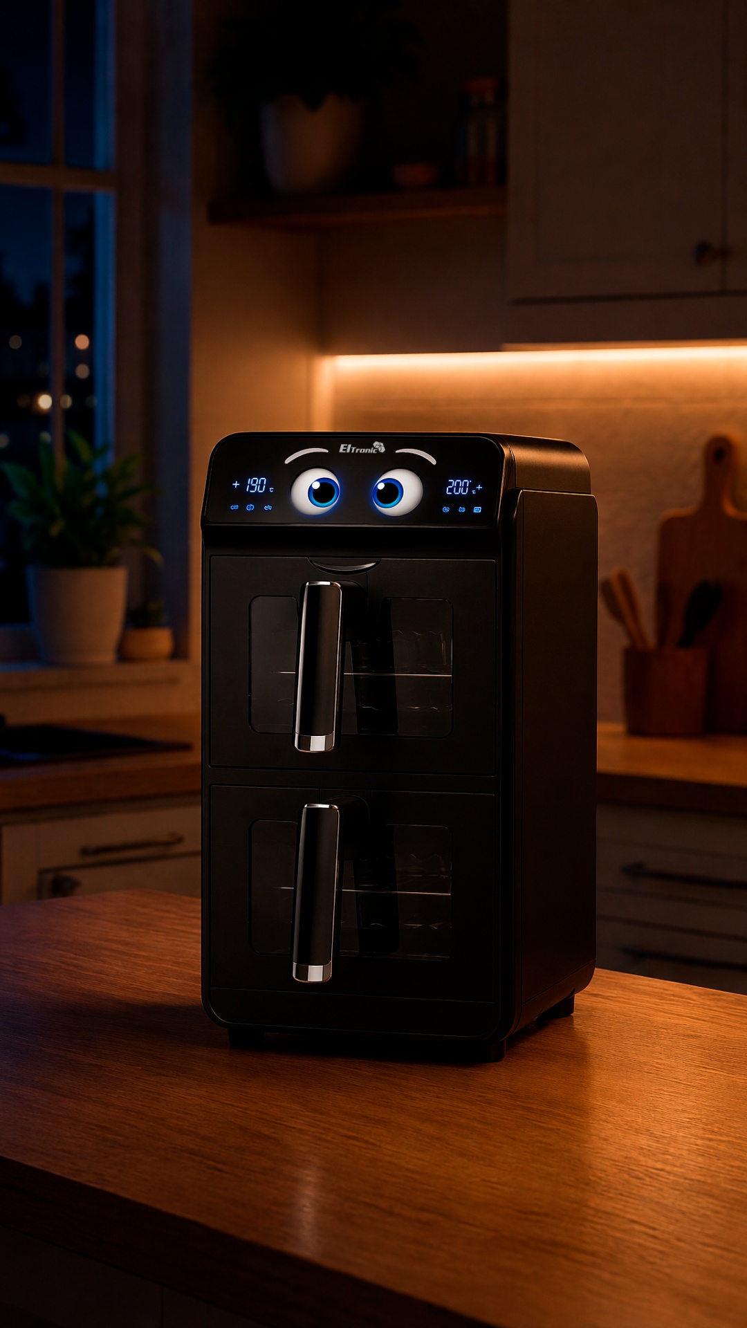 Static camera.

The anthropomorphic Eltronic 777-03 stands motionless on the kitchen counter.
...