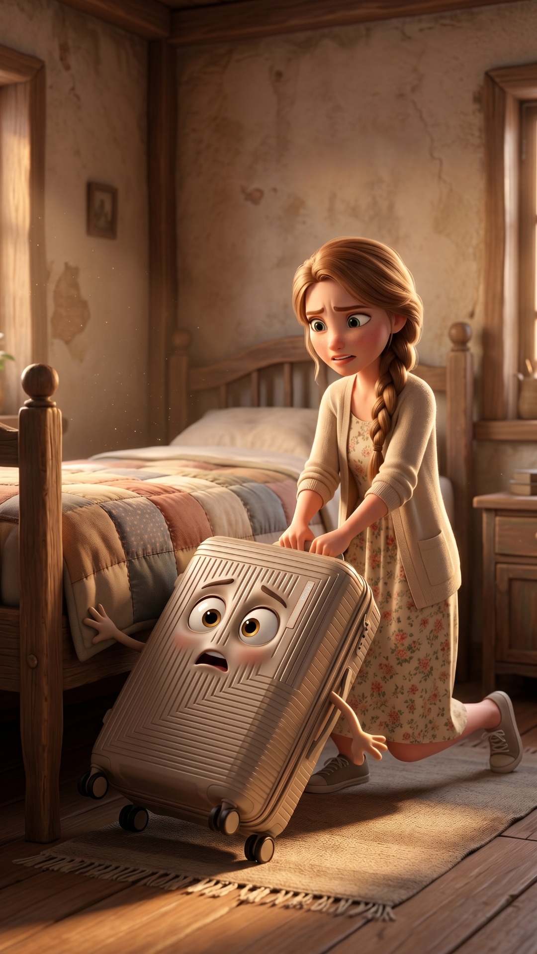 The camera slowly follows Evdokia as she pulls the suitcase from under the bed.

Evdokia breath...