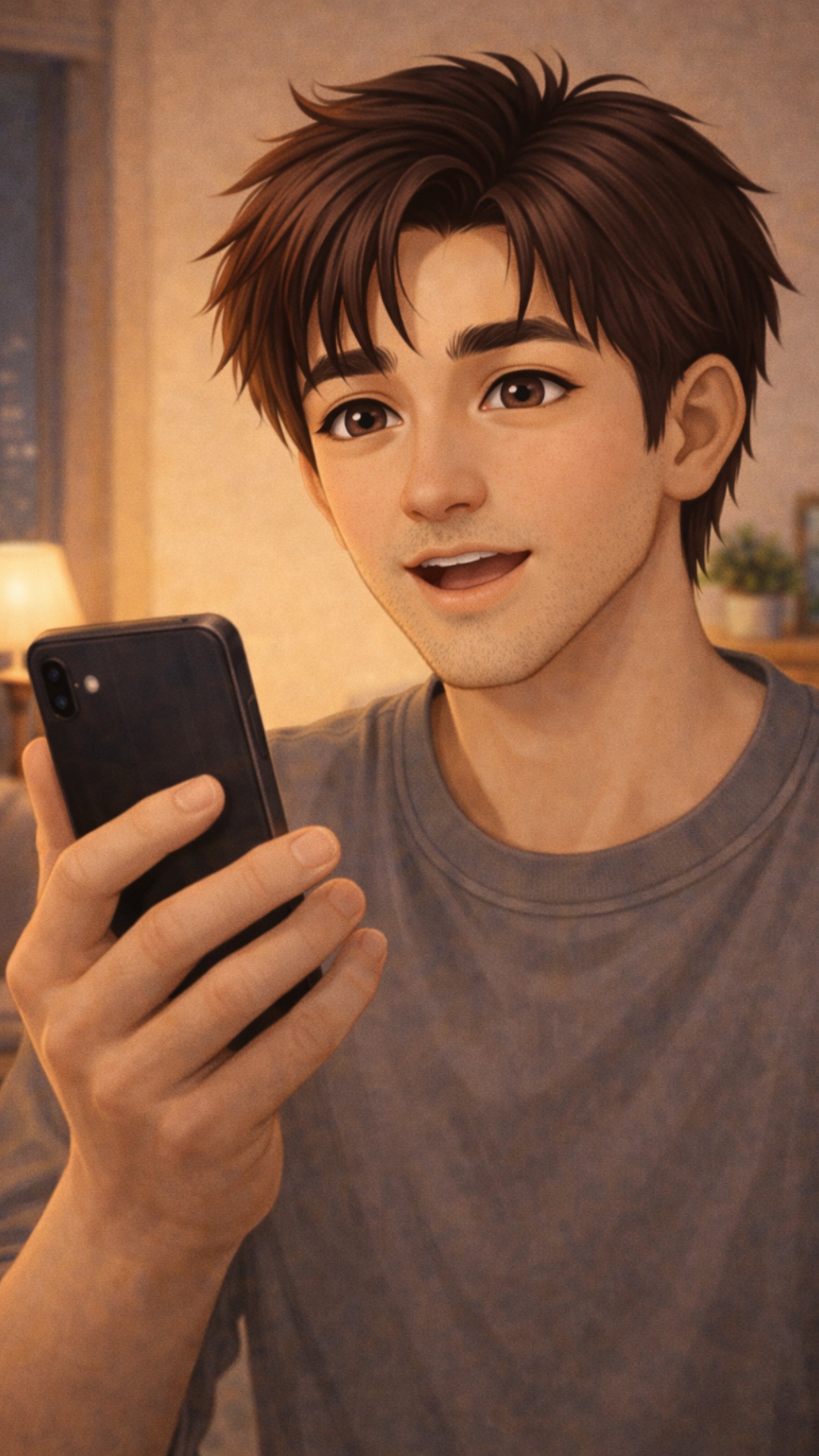 Young man standing in a cozy apartment, holding a phone in his hand and looking at the screen.
He...
