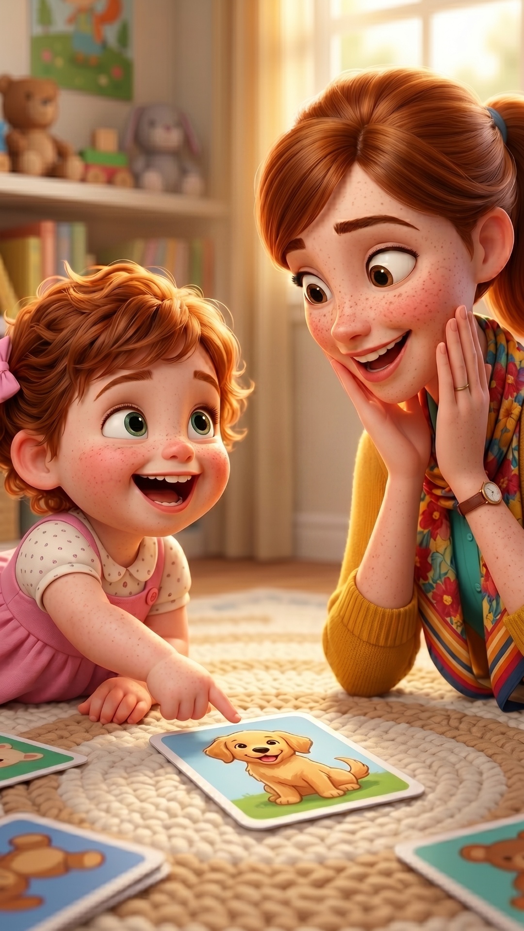 3D animation, Pixar style. A sharp emotional contrast in a children's playroom. Start state: Miss...