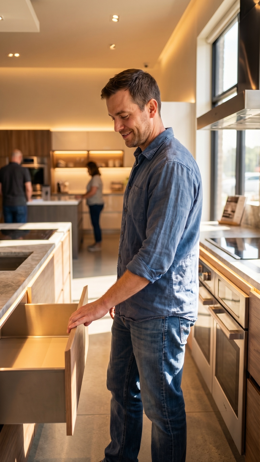 same man interacting with same showroom kitchen, opening drawer smoothly, soft-close motion, came...