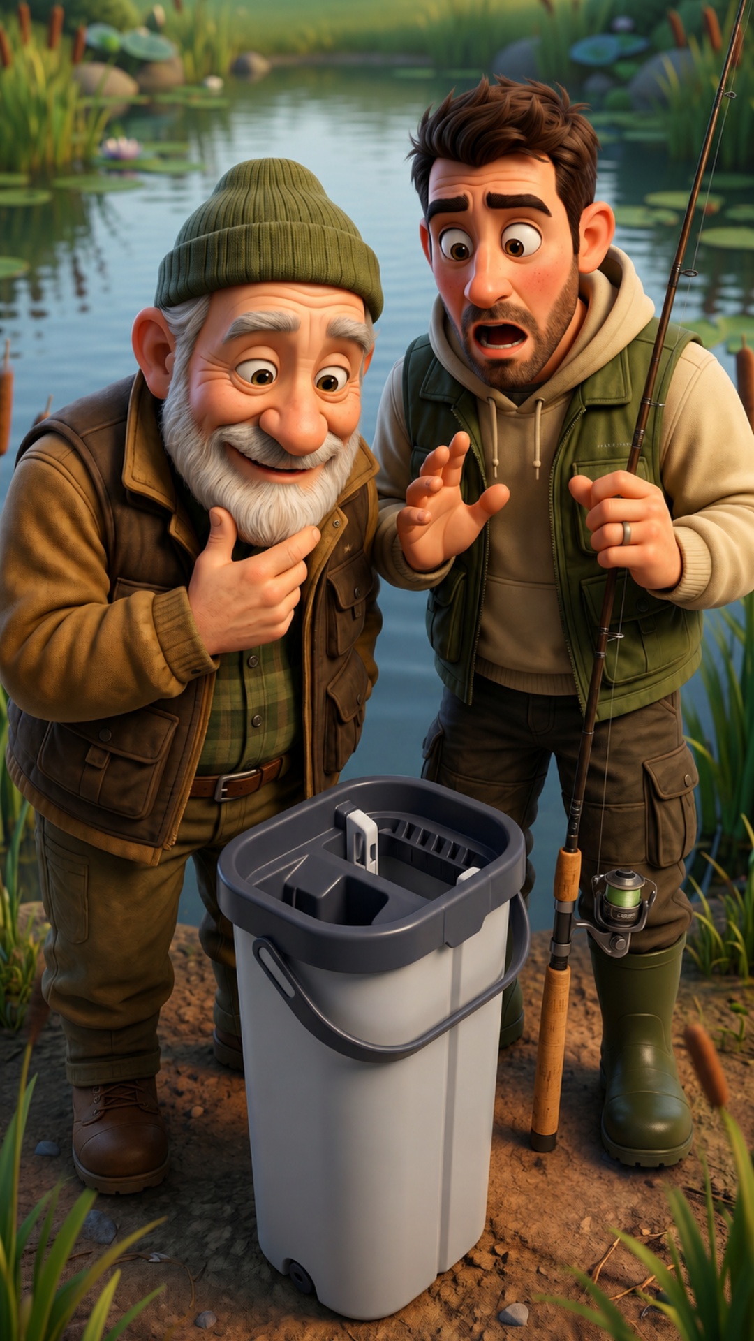 Father and grandfather lean over empty Eltronic bucket in total confusion. Father freezes shocked...
