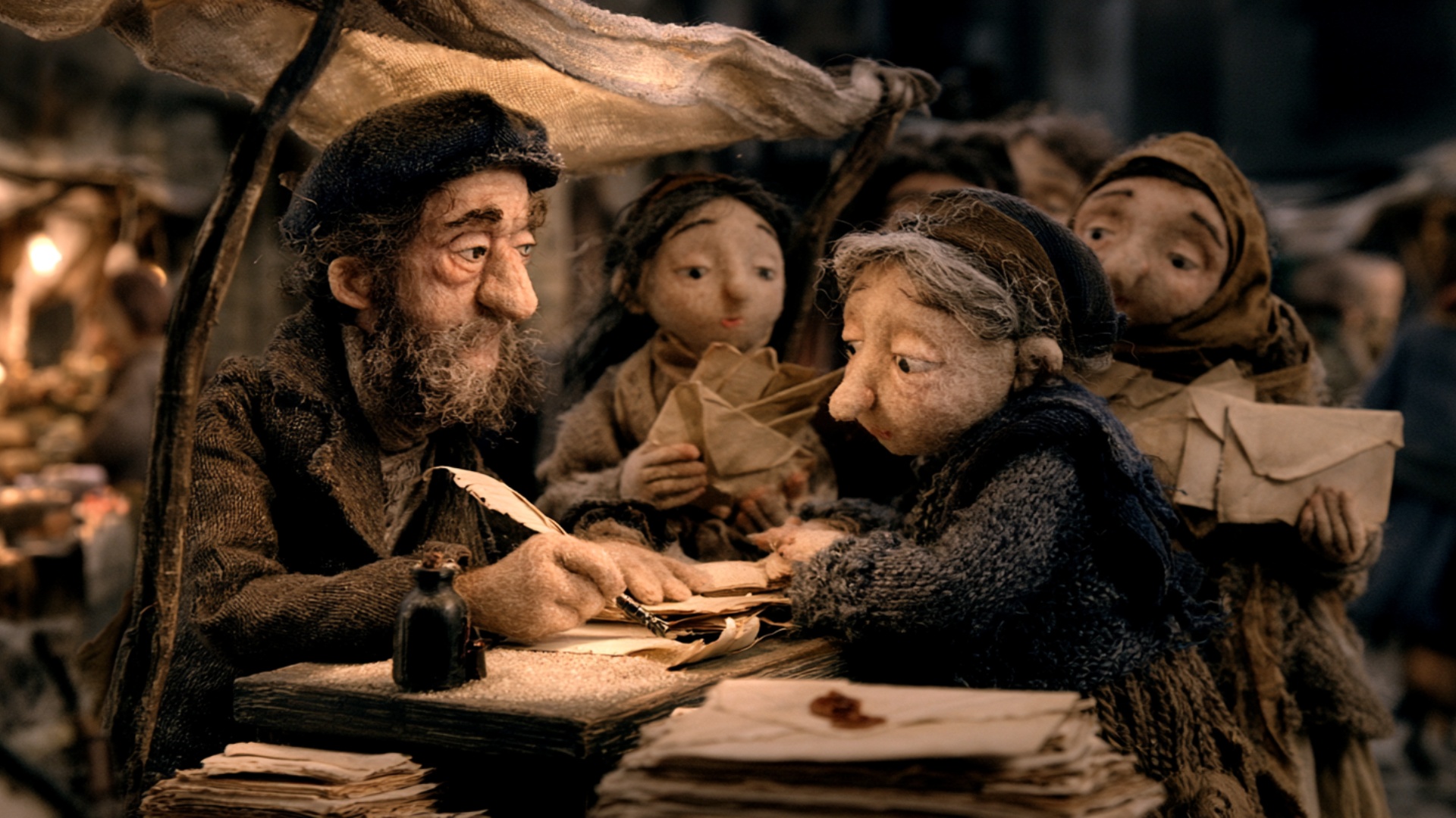 The bearded writer lowers his gaze to the page and carefully writes several more words with the f...