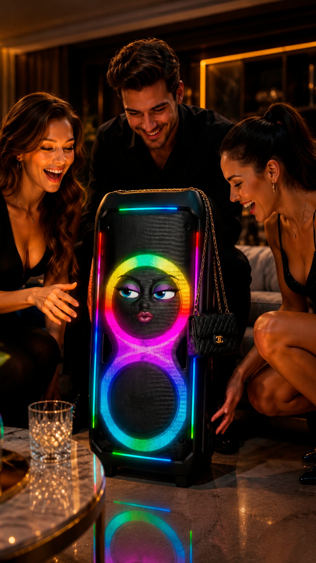 Animate the black speaker with the handbag playing beautifully while the new owners react with ad...