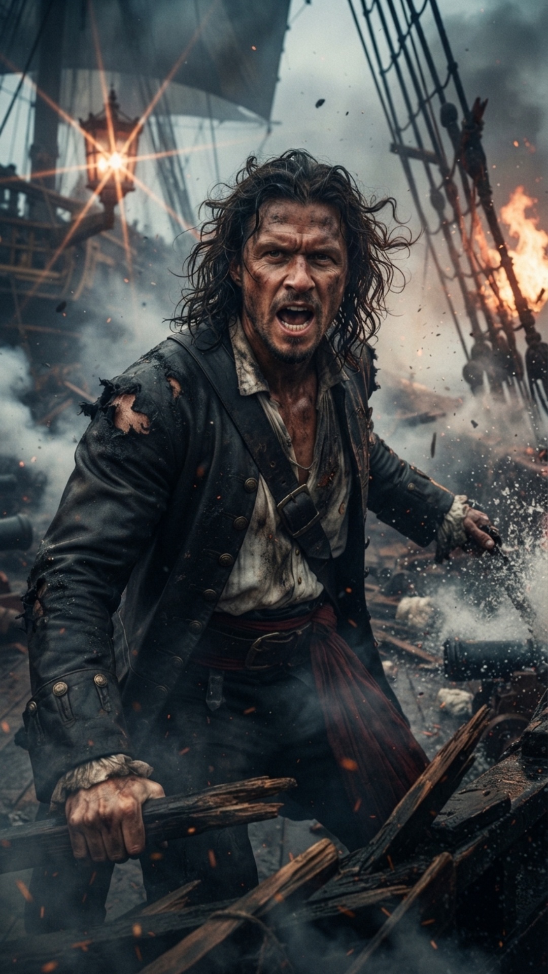 0-2s: Dynamic action shot on a chaotic, smoke-filled ship deck during a fierce battle. Splintered...