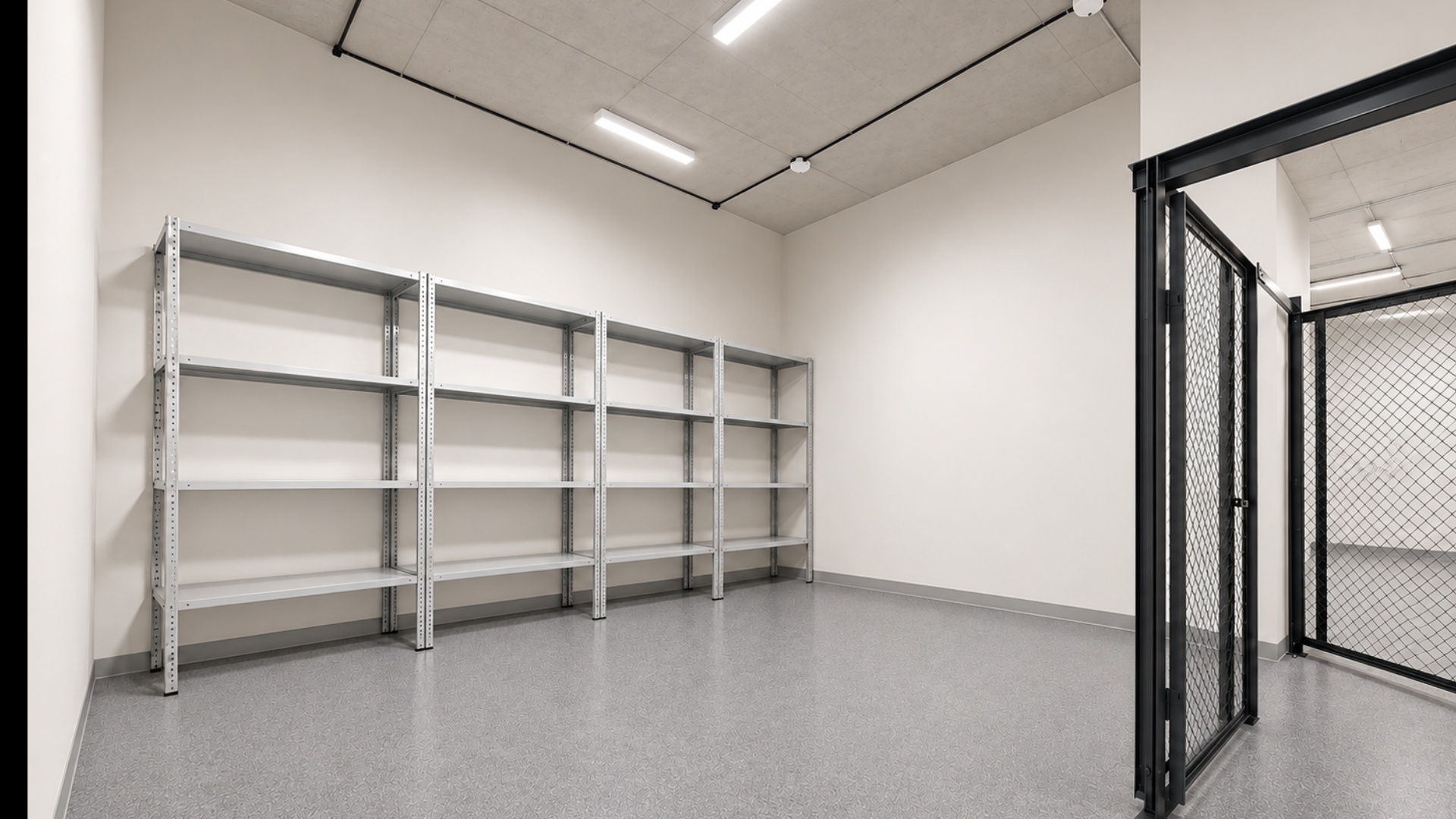 Photorealistic timelapse transformation video starting from the empty storage room in the referen...