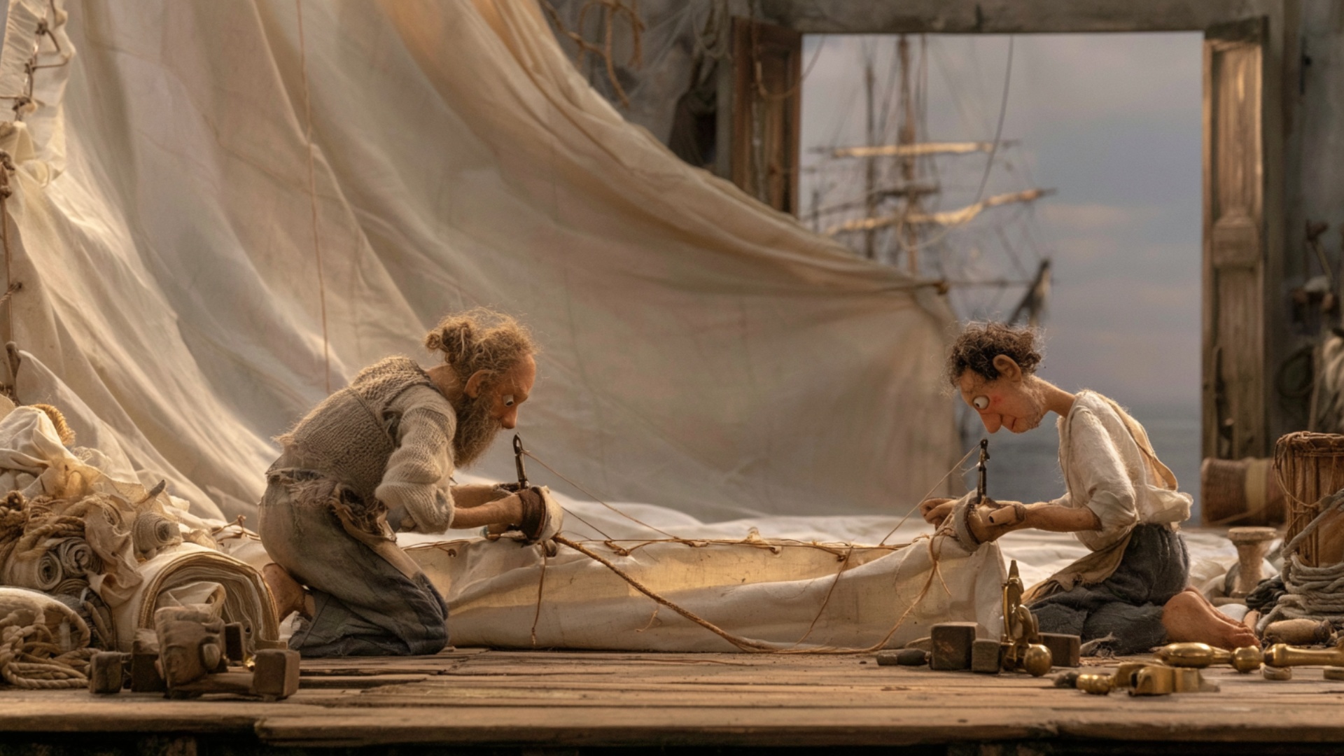 The two sailmakers slowly pull the heavy canvas toward each other to align the existing seam, sli...