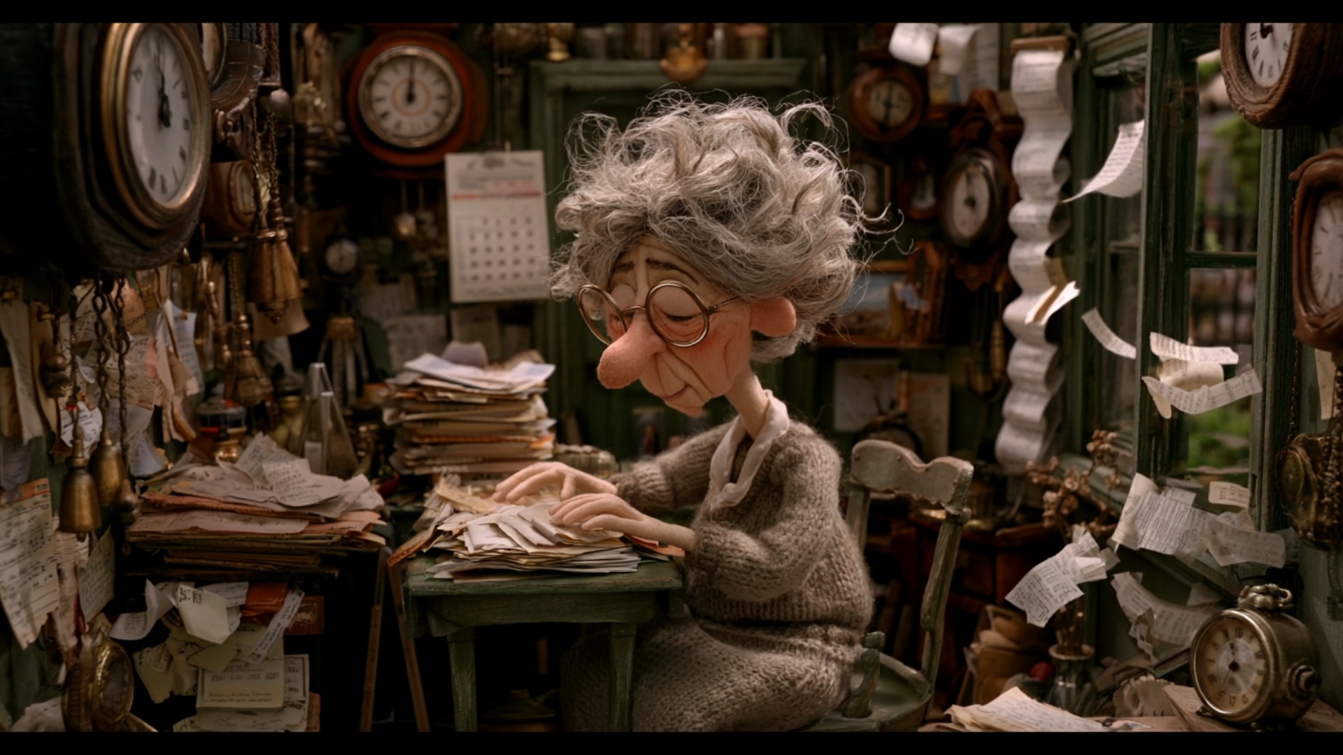 The elderly woman calmly sorts the piles of paper in front of her, moving one small stack from on...
