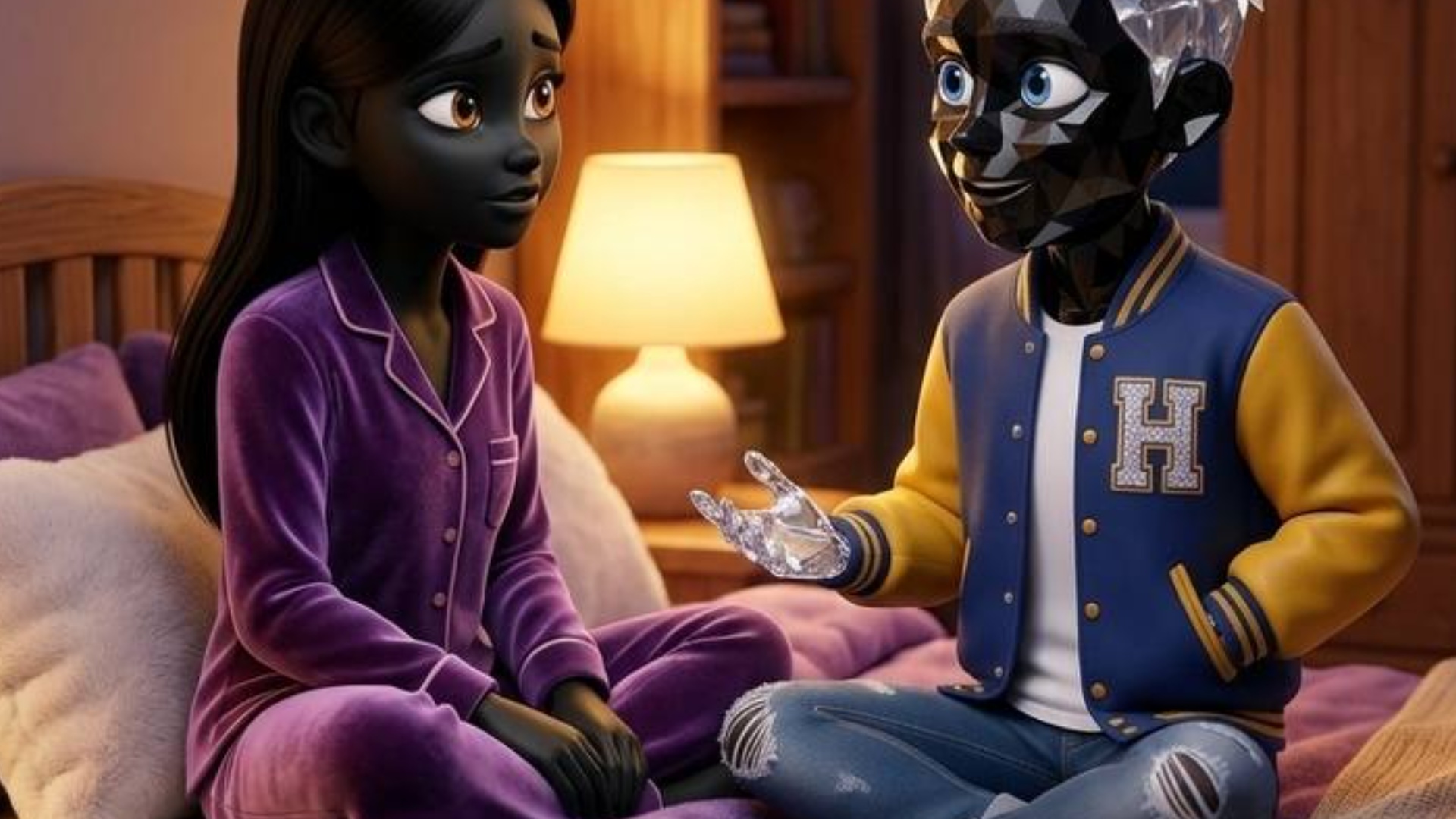 Cinematic 3D Pixar-style scene in a cozy bedroom at night. Warm lighting from a bedside lamp and ...