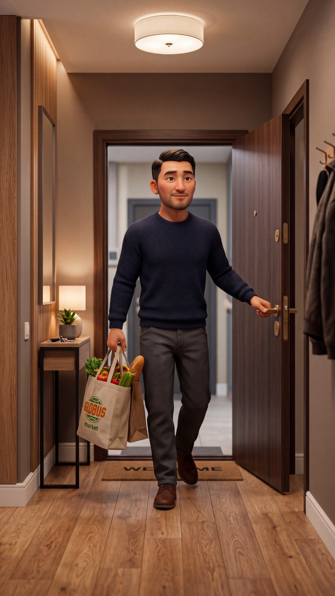 Cinematic animated scene, 70% stylized Pixar-like, 30% realism, warm indoor lighting, modern cozy...