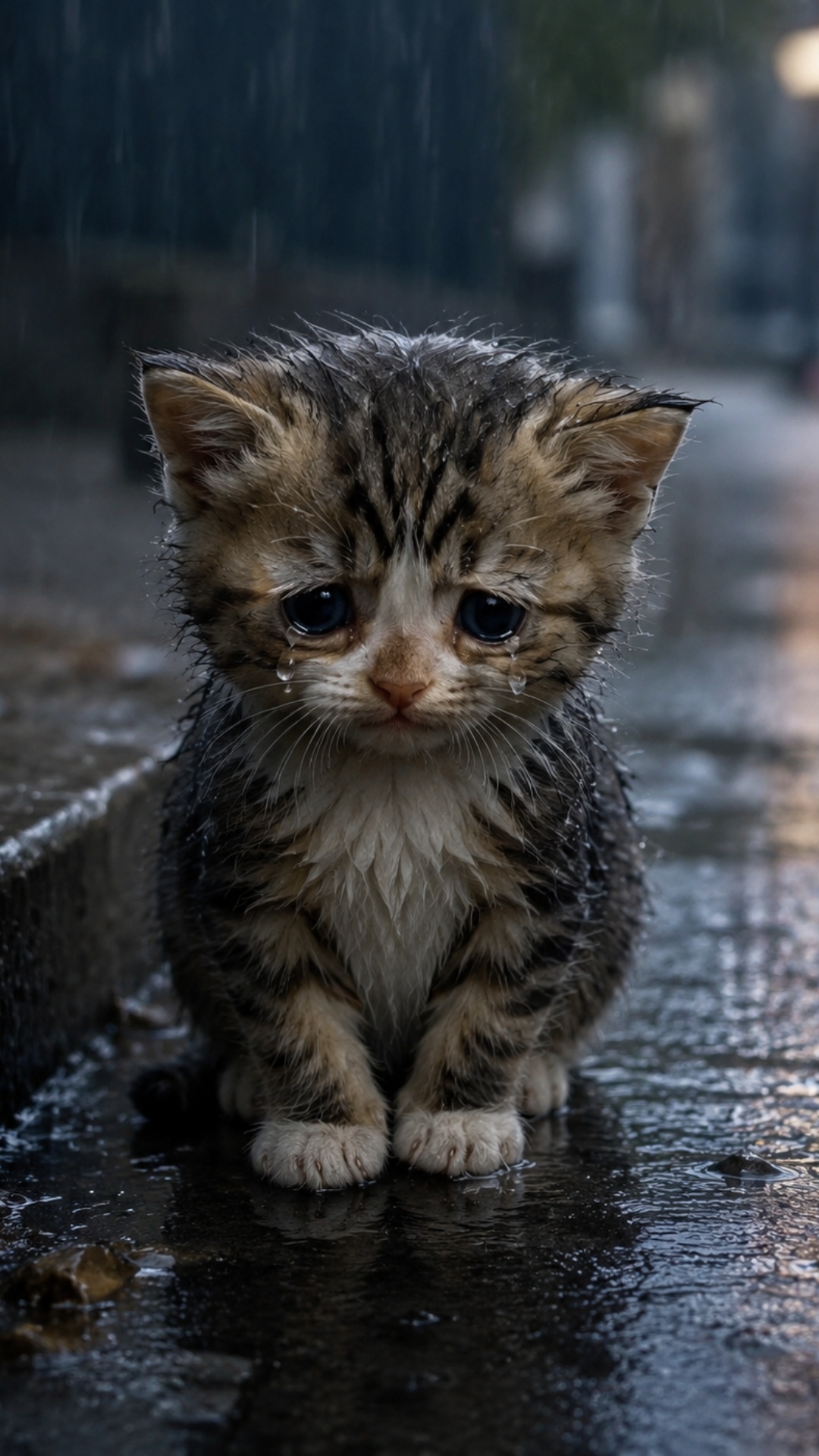 “Ultra-realistic photorealistic cinematic video of a tiny fluffy gray kitten sitting alone on wet...