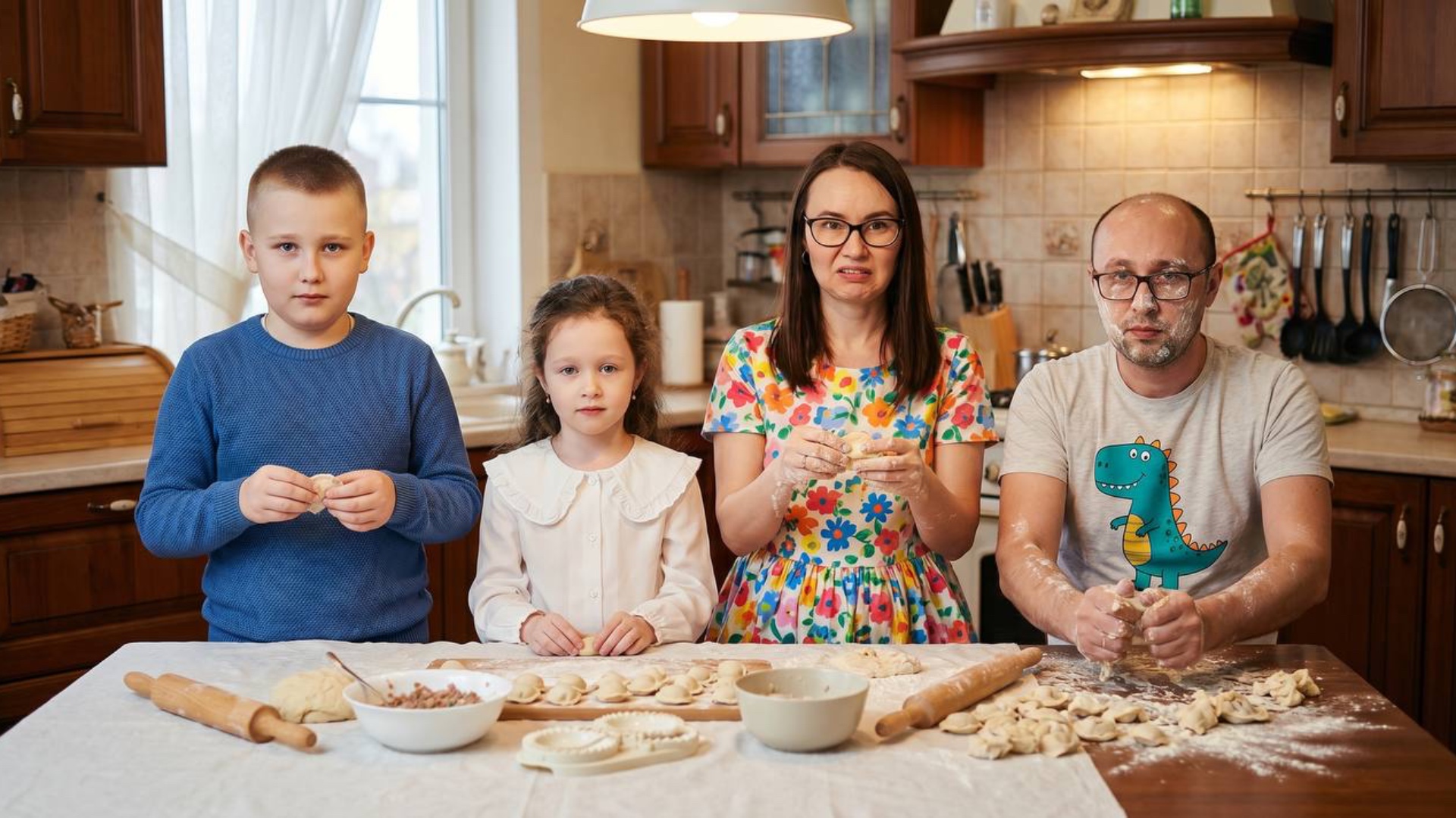 {
  "style":"realistic cinematic live-action",
  "scene":"family making dumplings in a cozy kitch...