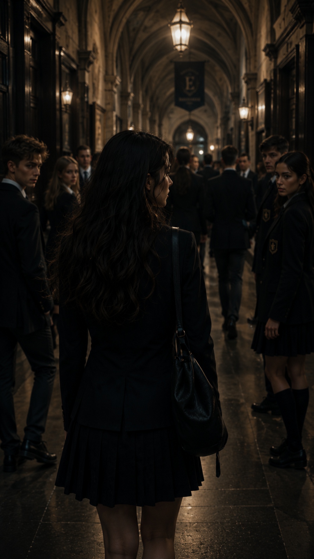 slow tracking shot following Alina through hallway, subtle student head turns, soft movement of u...