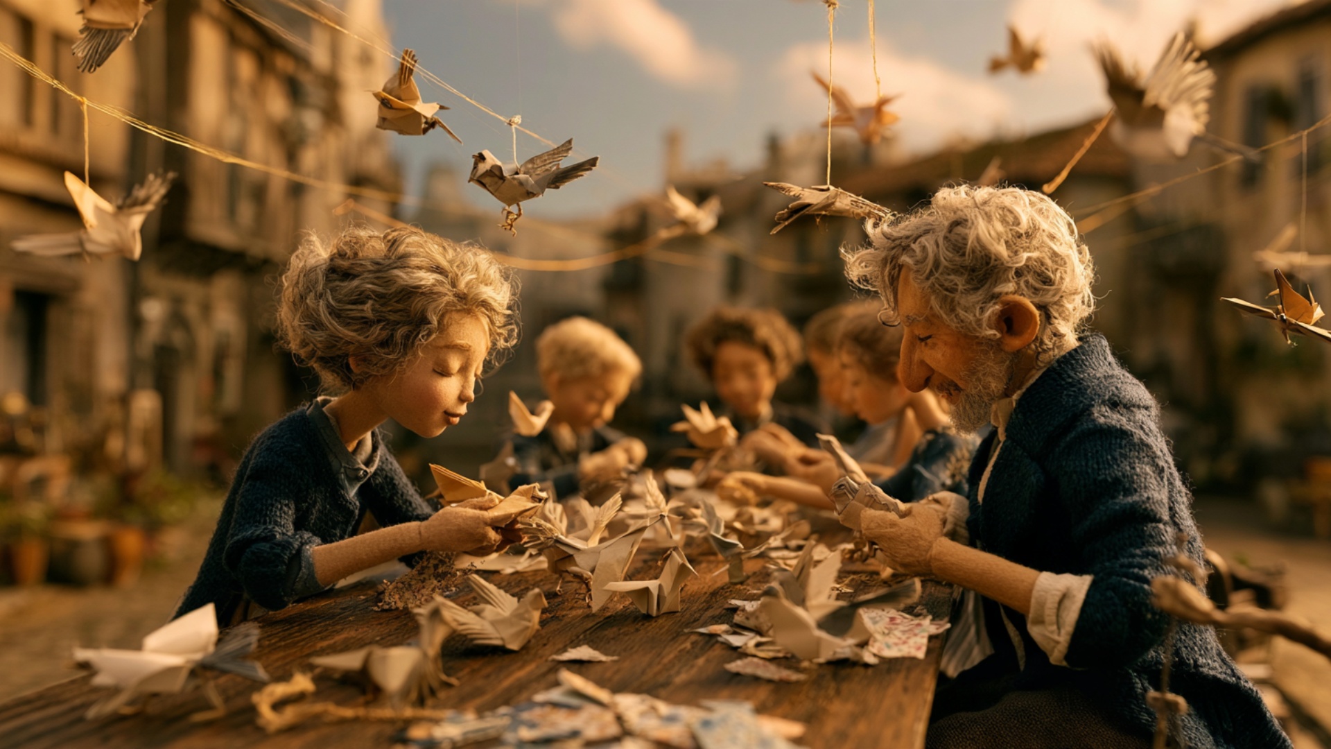 Cinematic arc around the near corner of the wooden table, keeping the two foreground figures in f...