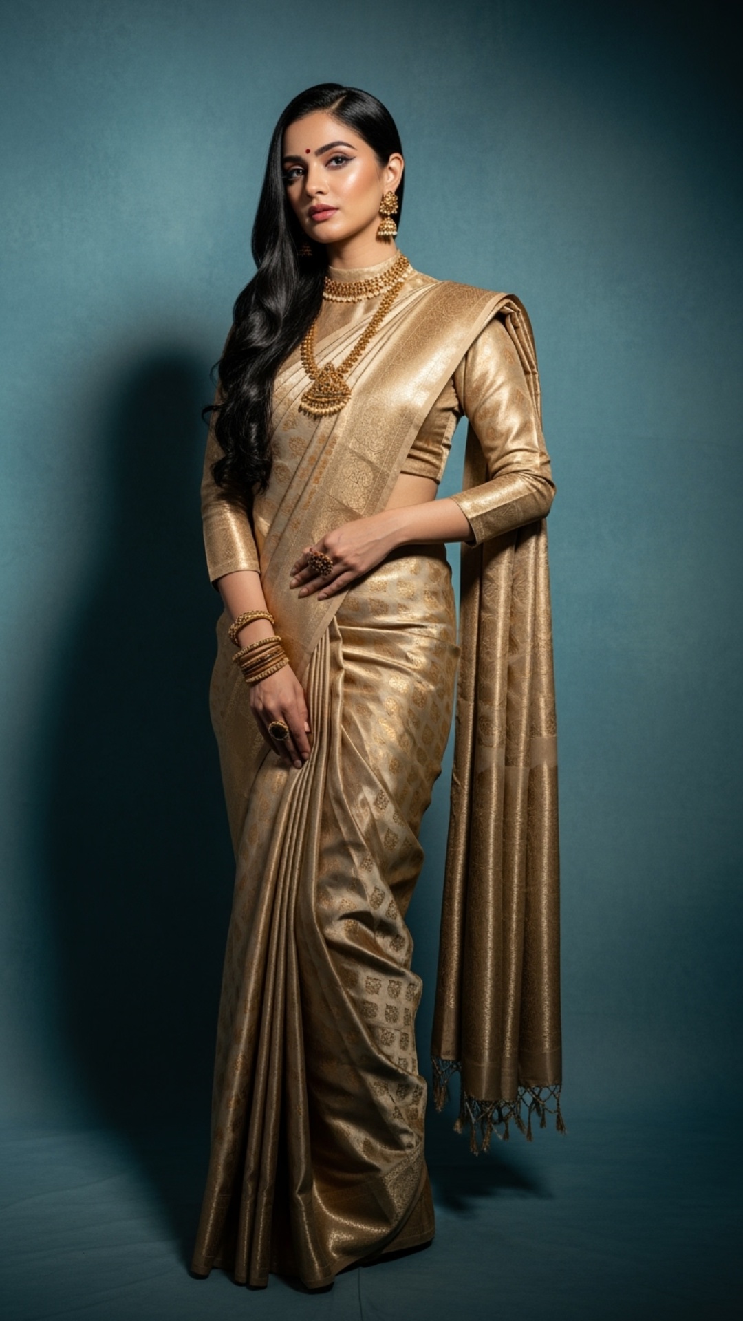 Indian model in golden silk saree, teal studio. Flips wavy hair over shoulder, combs lightly. Adj...