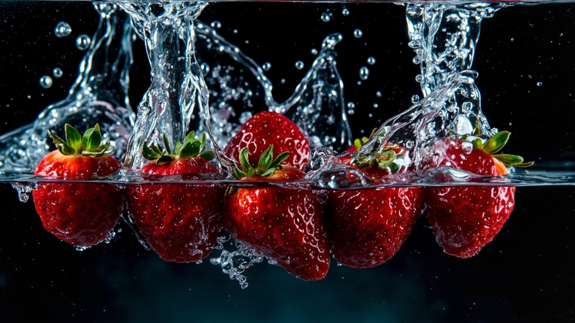 A dramatic underwater shot of several ripe strawberries splashing into crystal-clear water. The s...