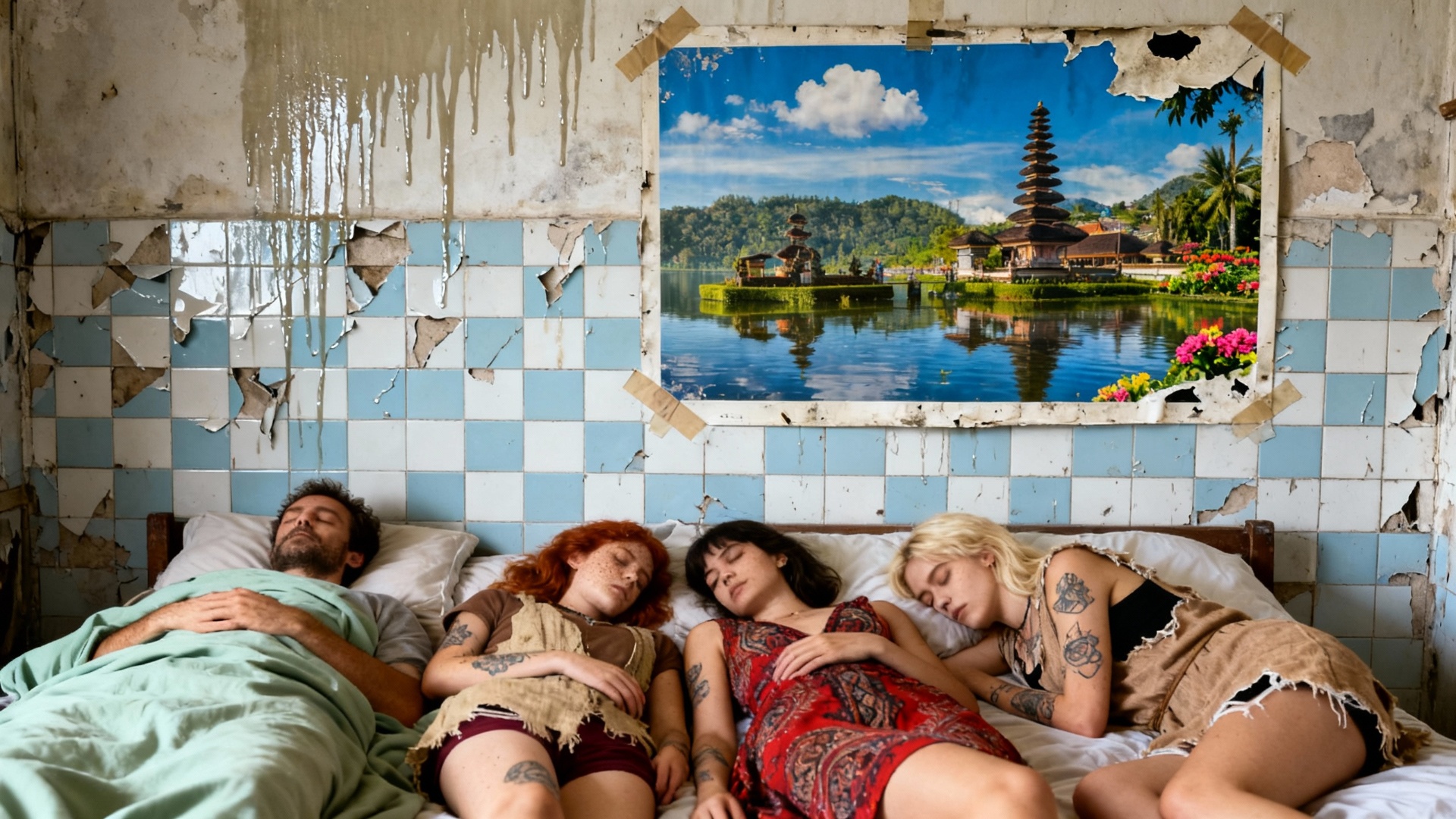 La caméra recule. Les quatre amis bougent dans leur sommeil à cause du froid. Leurs cors se rappr...