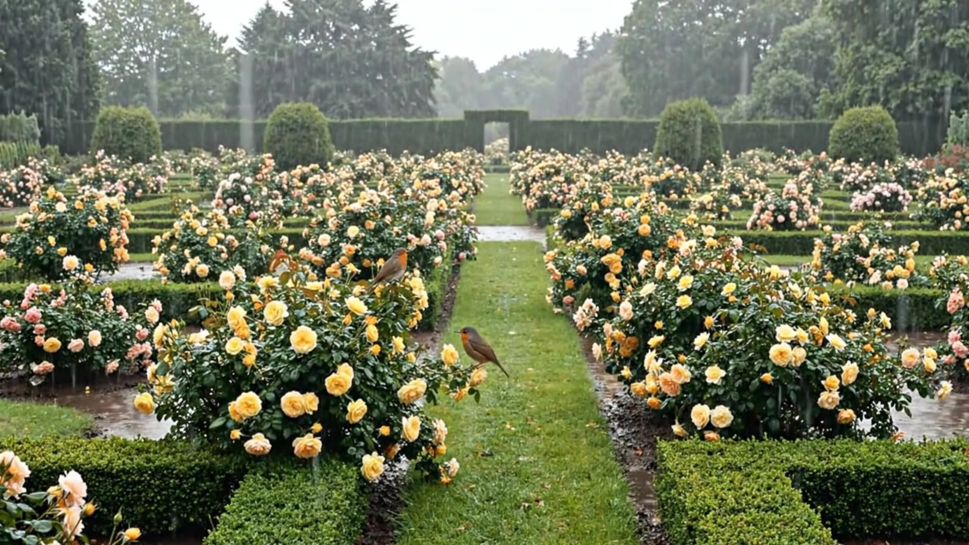 It's rainy. There is no music, only the sound of rain. Make this bird fly from one rose bush to a...