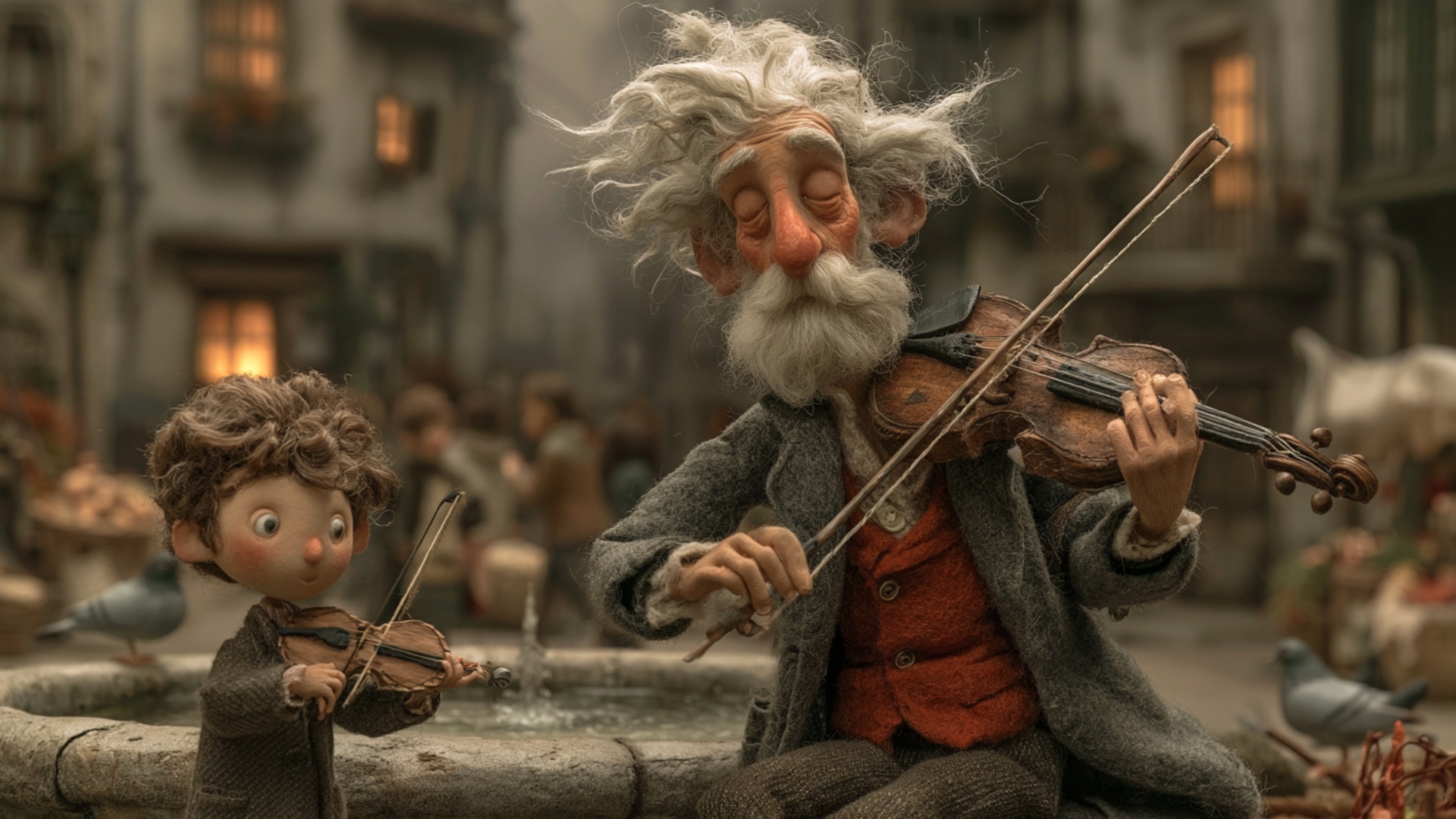 Cinematic arc around the violinist and the boy, keeping both instruments visible. The elderly vio...