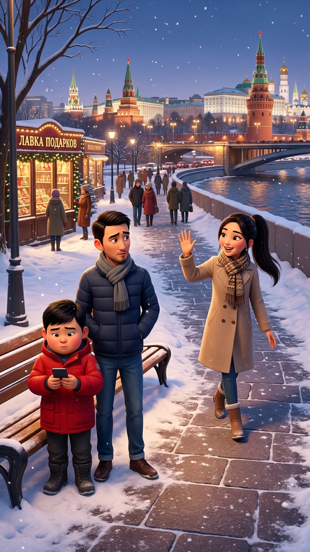 Animate this image. Pixar-style 3D, vertical 9:16. Beat 1 (0-3s): the sister in the beige coat tu...