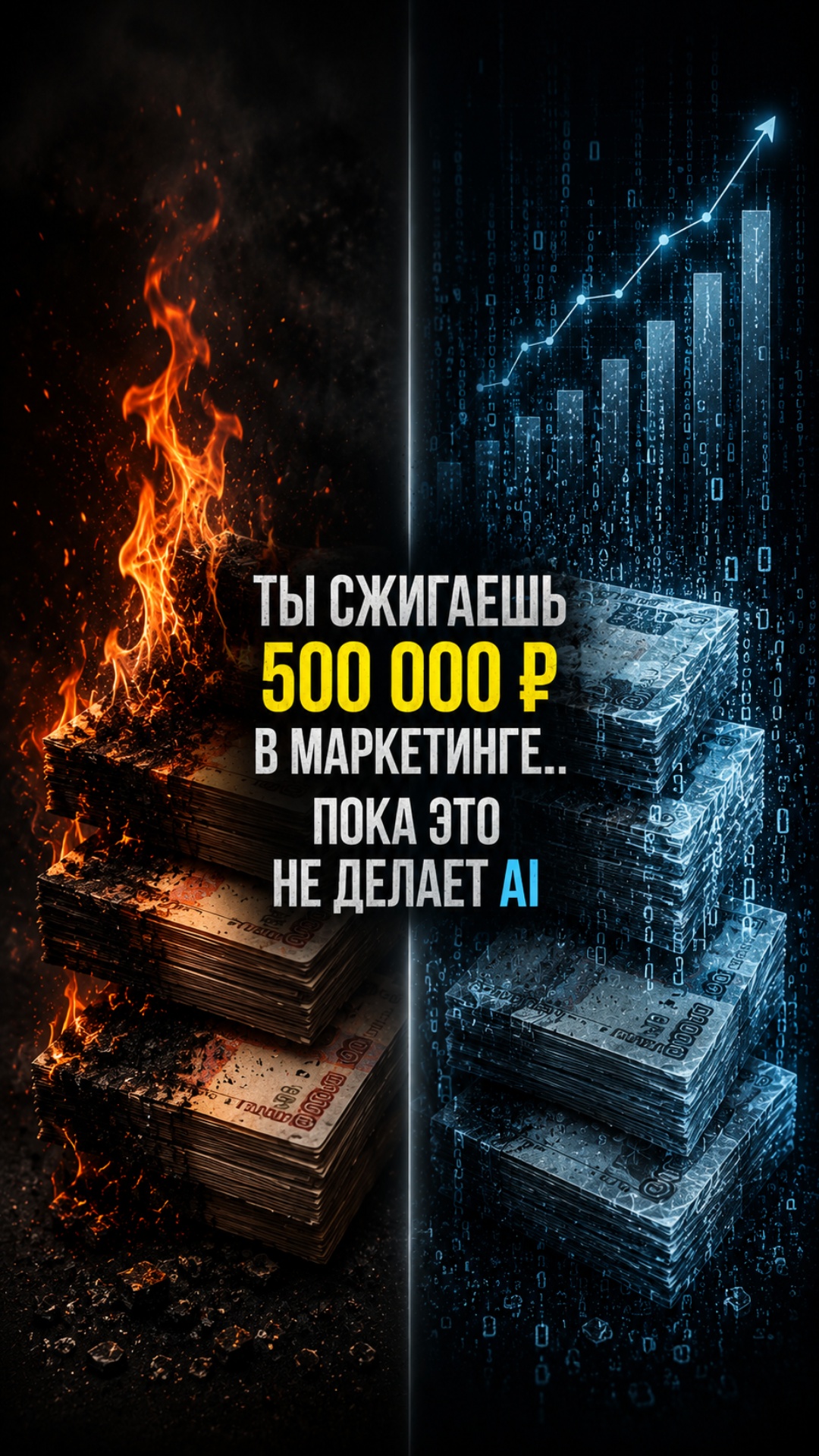 ultra‑cinematic vertical split screen, left side: close‑up stacks of Russian ruble banknotes viol...