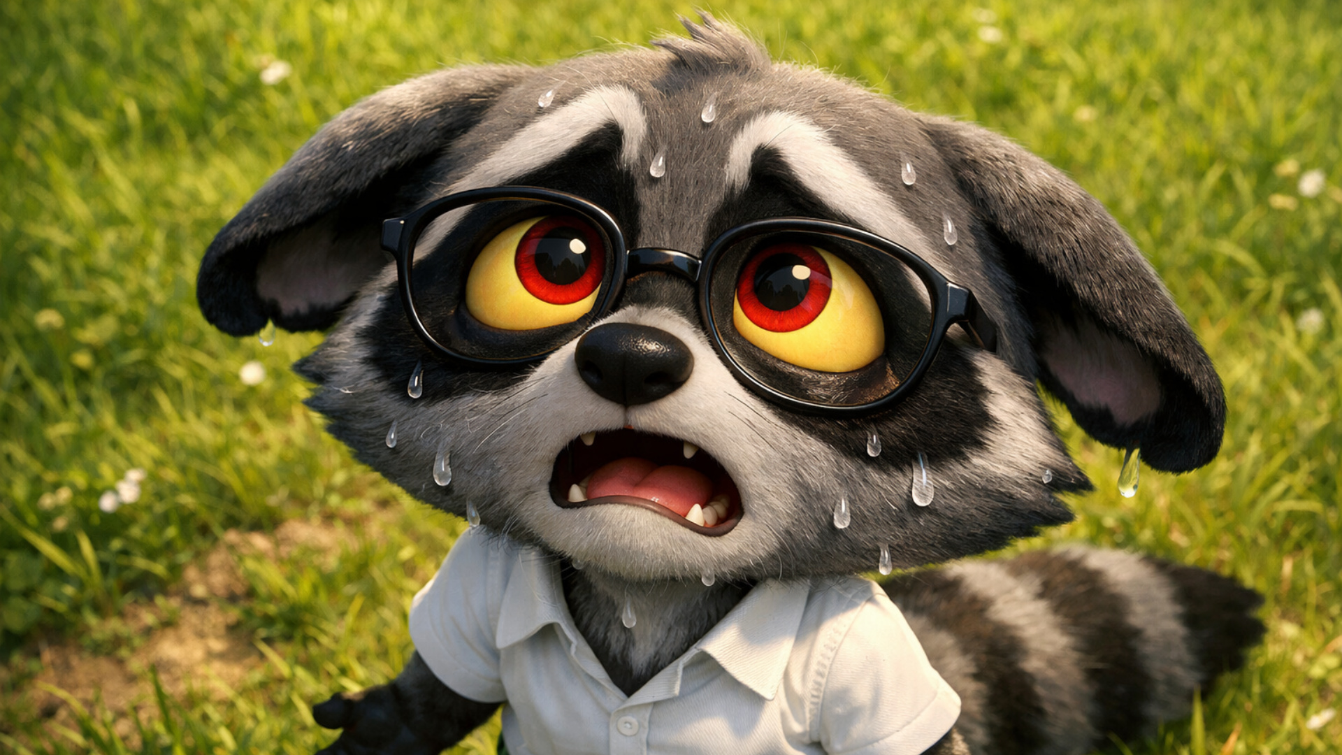 3d fluid expressive animation of a anthro raccoon kid talking scared and nervously as he sweats