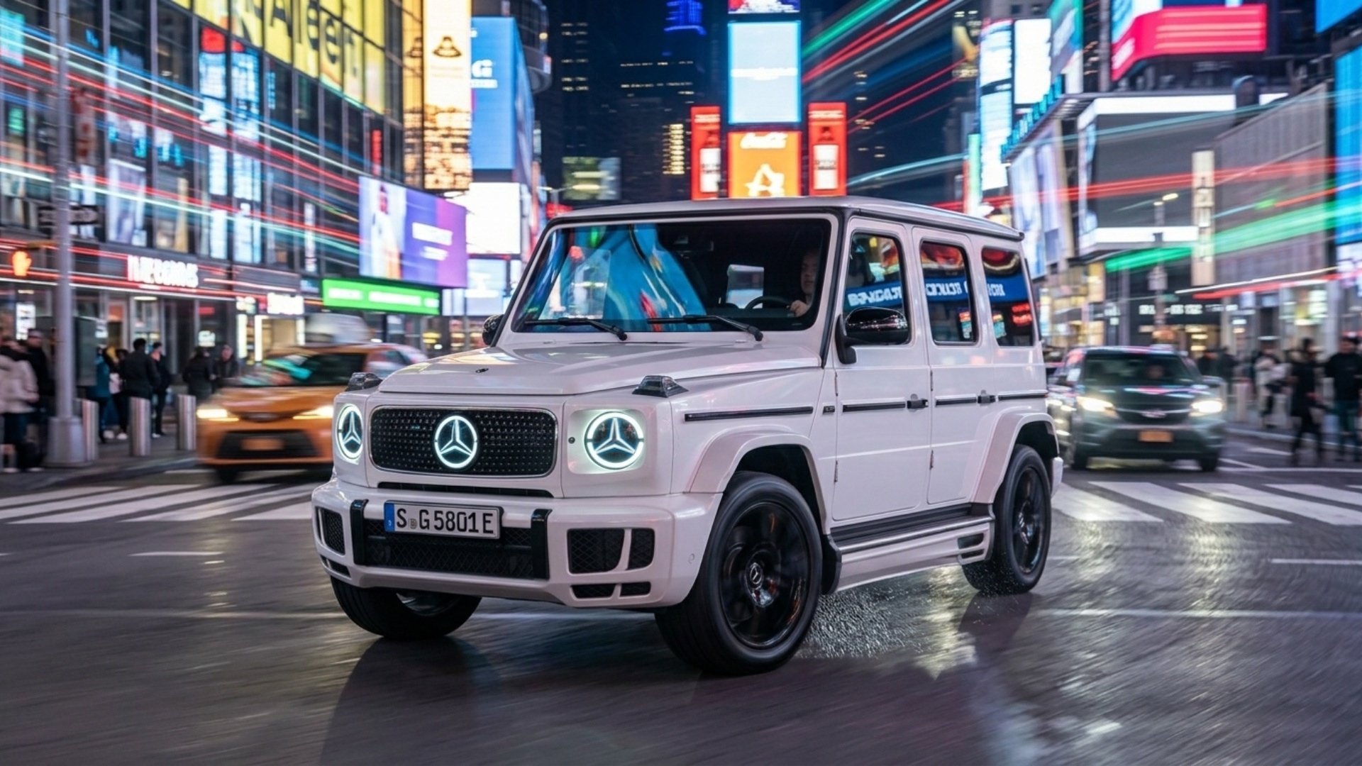 the car drives through the city, the sound of a V8 Mercedes Gelendvagen (maintaining the identity...