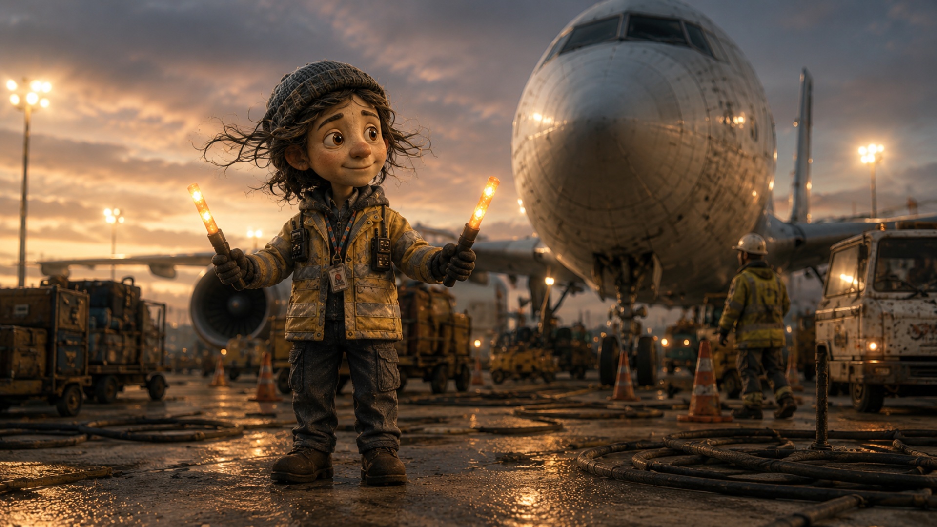The female airport marshaller stands firmly in place facing the aircraft and performs one slow co...
