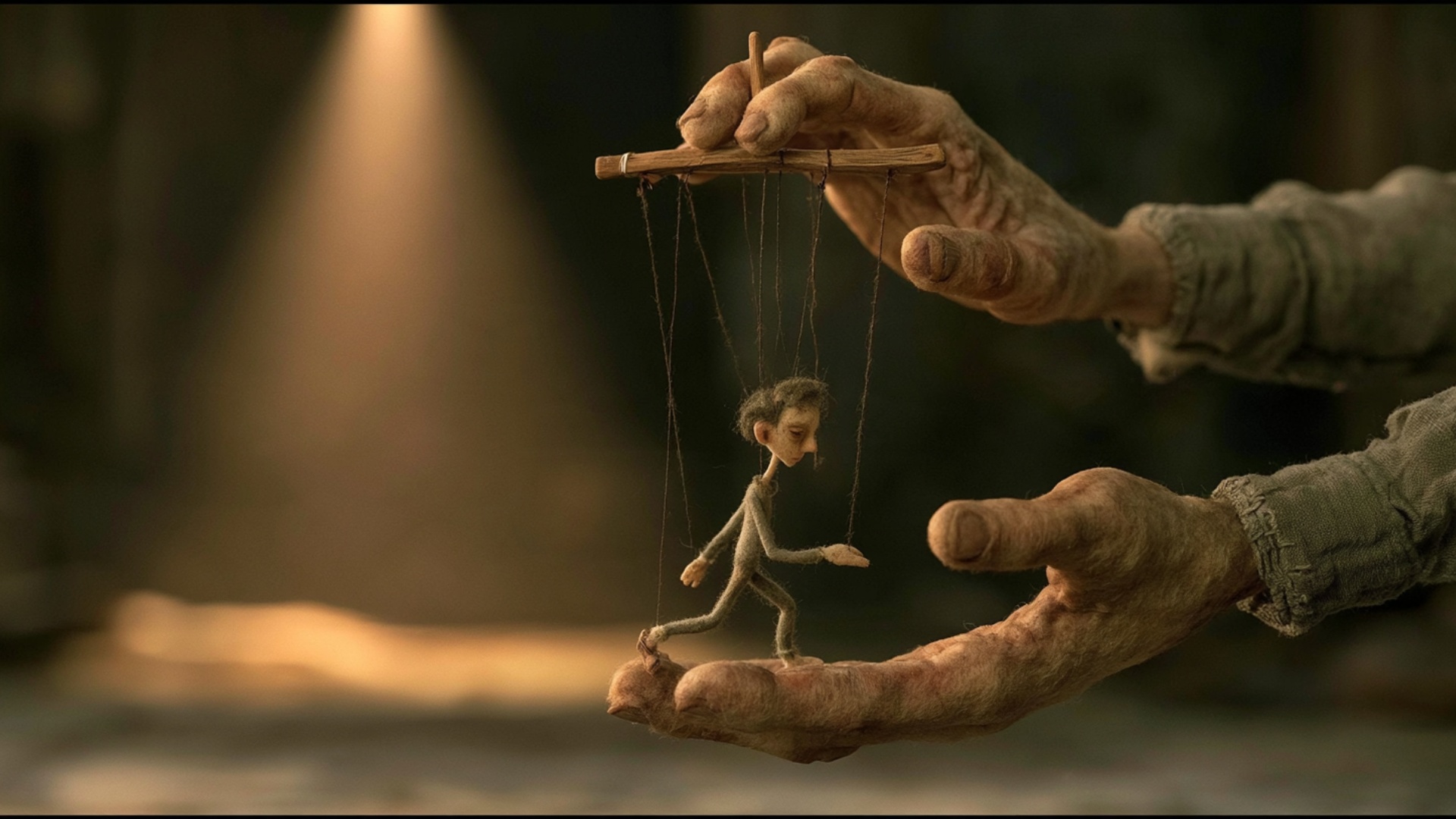The strings suddenly go taut and the marionette below jerks upright as if startled to life, limbs...