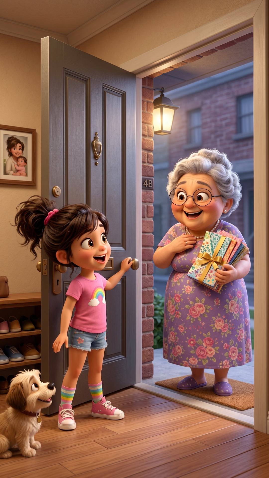 The daughter opens the door wider. The grandmother smiles warmly and slightly waves with her hand...
