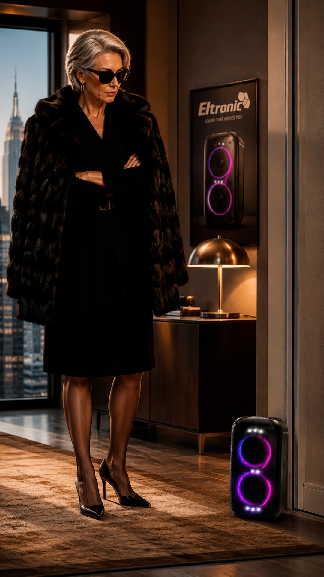 Strict older fashion boss woman stands near office window beside glowing premium speaker. RGB lig...