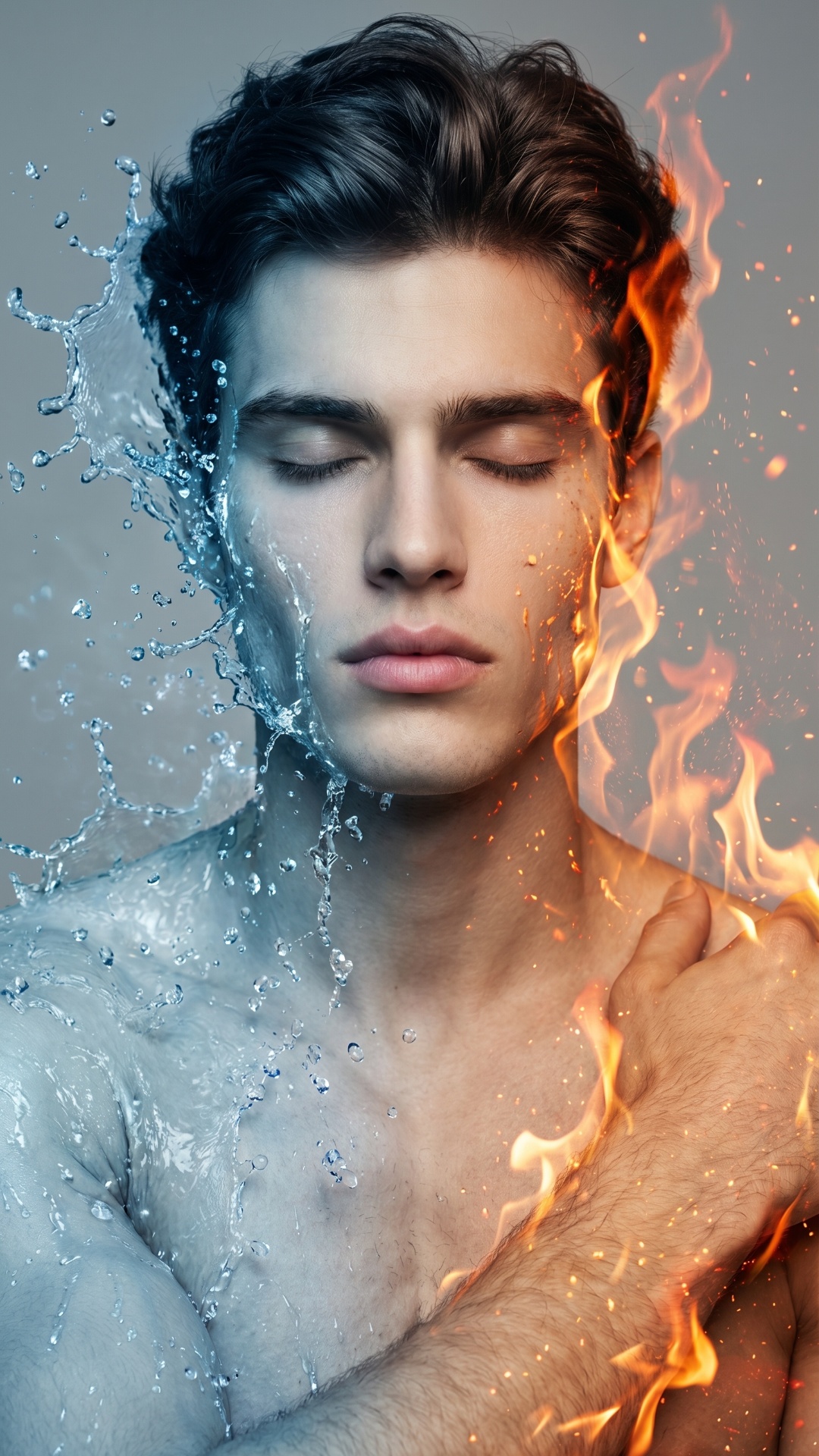 Cinematic slow-motion animation of the man from the image. One side of his body is enveloped in f...