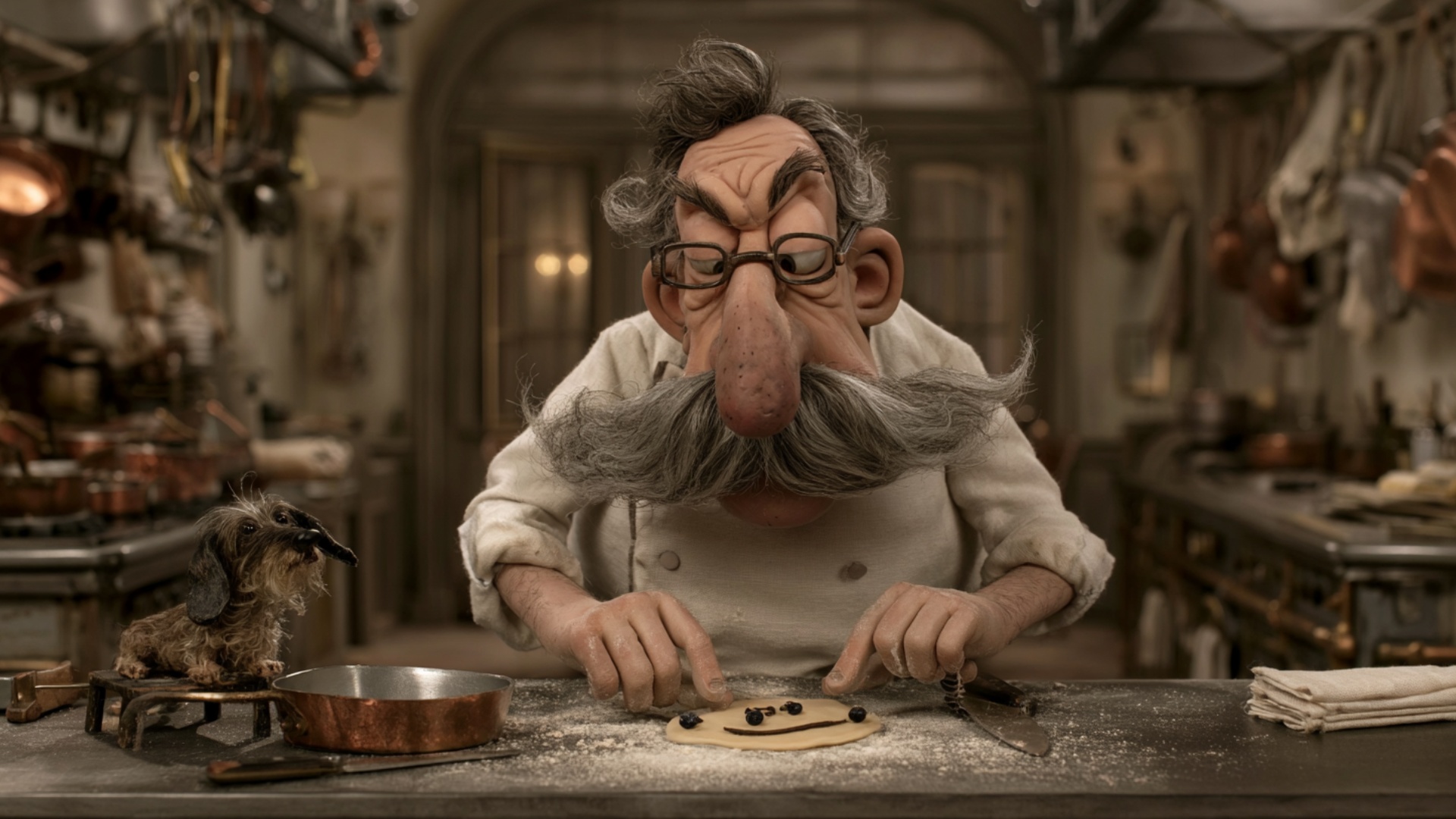 Start from the exact pose over the pancake face. The chef carefully nudges one blueberry into the...